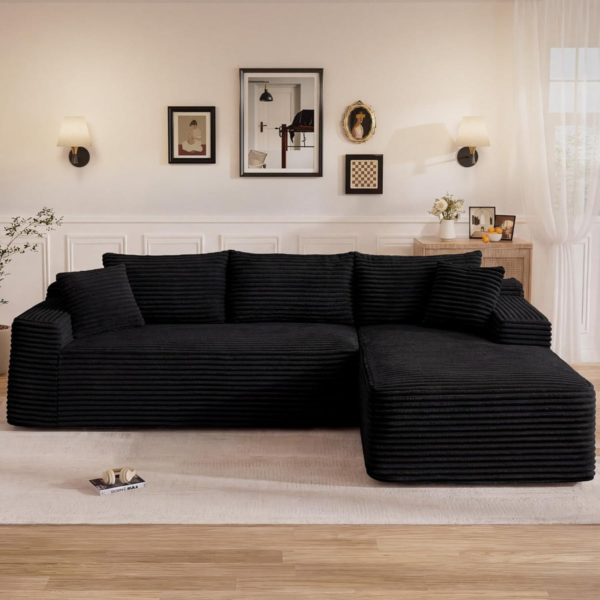 95" L Shaped Cloud Sectional Couches for Living Room, Modern Comfy Modular Deep Seat Memory Foam Compressed Corduroy Sofa Oversized Right Facing Chaise, No Assembly Required, Balck