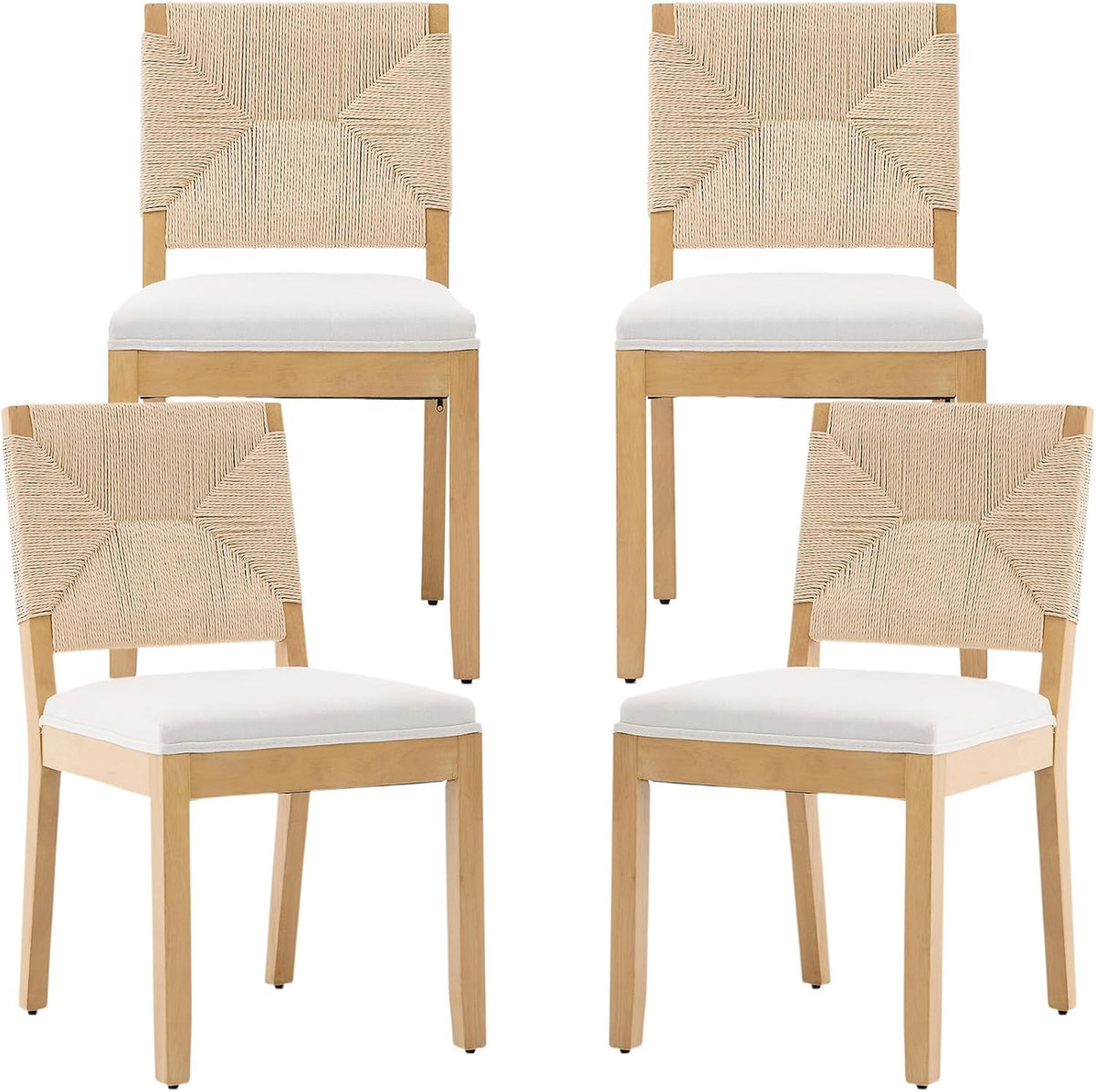 French Country Dining Chairs Set of 4, Beige Farmhouse Wood Dining Room Chairs, Woven Back Linen Upholstered Dining Chair, Solid Wood Legs, Boho Style Kitchen Chairs, Sillas de Comedor