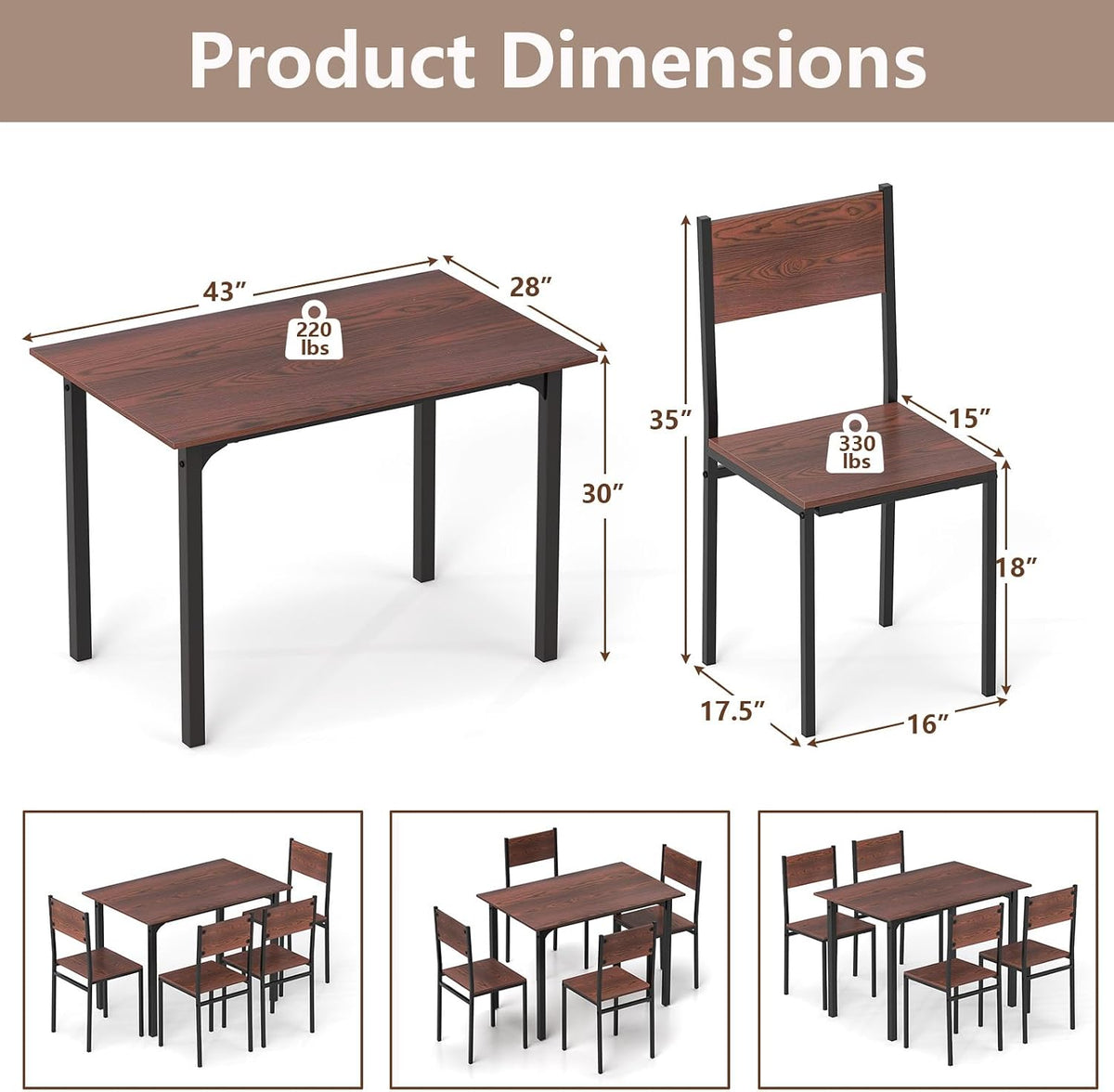 GOFLAME 5-Piece Dining Table Set, Industrial Kitchen Table and Chairs for 4 with Backrest and Metal Frame, Rectangular Space-Saving Dinette Set for Dining Room, Apartment, Small Space, Walnut