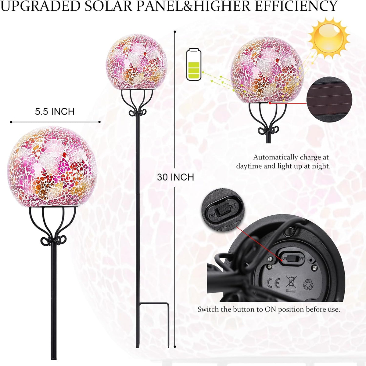 VCUTEKA Solar Outdoor Lights Garden Decor Mosaic Solar Garden Lights Waterproof Glass Ball LED Pathway Stake Light for Landscape Lawn Patio Yard Decoration 6 inch, Pink