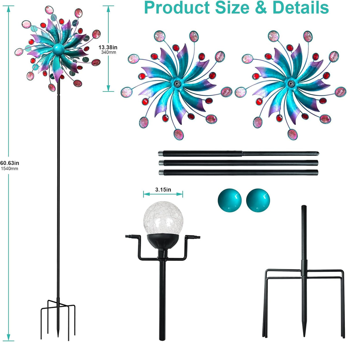 360°Solar Wind Spinner with Lights Blue Metal Garden Outdoor Decor Yard Lawn Art Decor for Patio Kinetic Windmills Unique Gifts for Friends and Family 60.63'' H x 13.38'' Dia