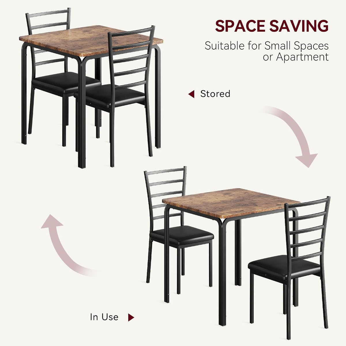 GarveeHome 3-Piece Kitchen Dining Room Table Chair Set for Small Space, Indoor Modern Dinette Set for 2, Square Dinner Table Set for Dinette (Rustic Brown‌, Dining Table with 2 Chairs)