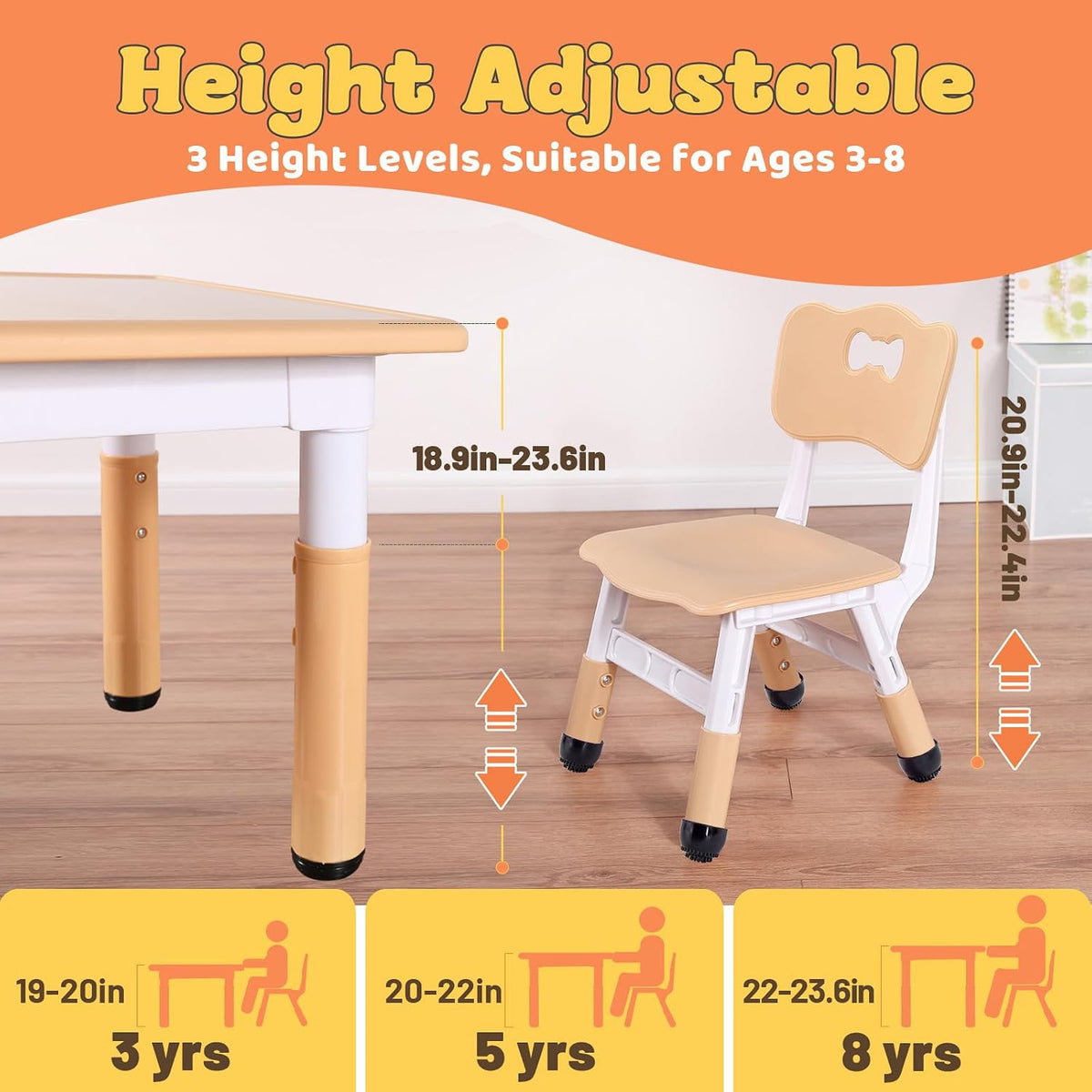 FUNLIO Kids Table and 4 Chairs Set for Ages 3-8, Height Adjustable Toddler Table and Chair Set, Easy to Wipe Arts & Crafts Table, for Classrooms/Daycares/Homes, CPC & CE Approved (5 pcs Set) - Natural