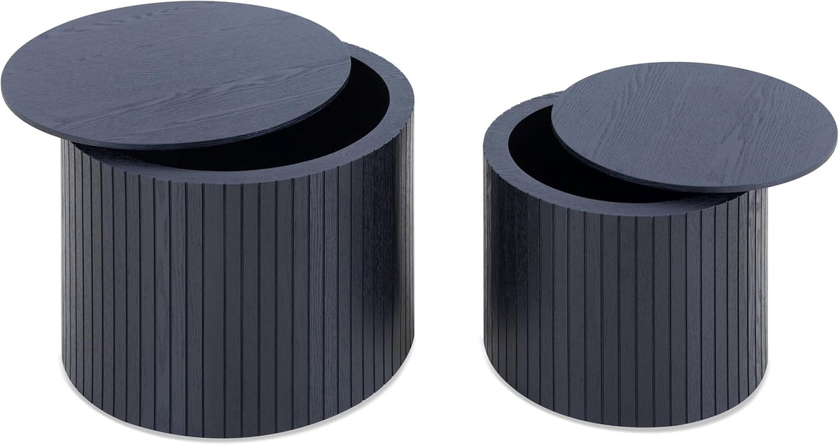 Round Nesting Coffee Table Set of 2, Wood Side Tables with Storage | Fluted Walnut Accent and End Tables Sets, Mid Century Modern, Living room, bedroom, office, small spaces, Black