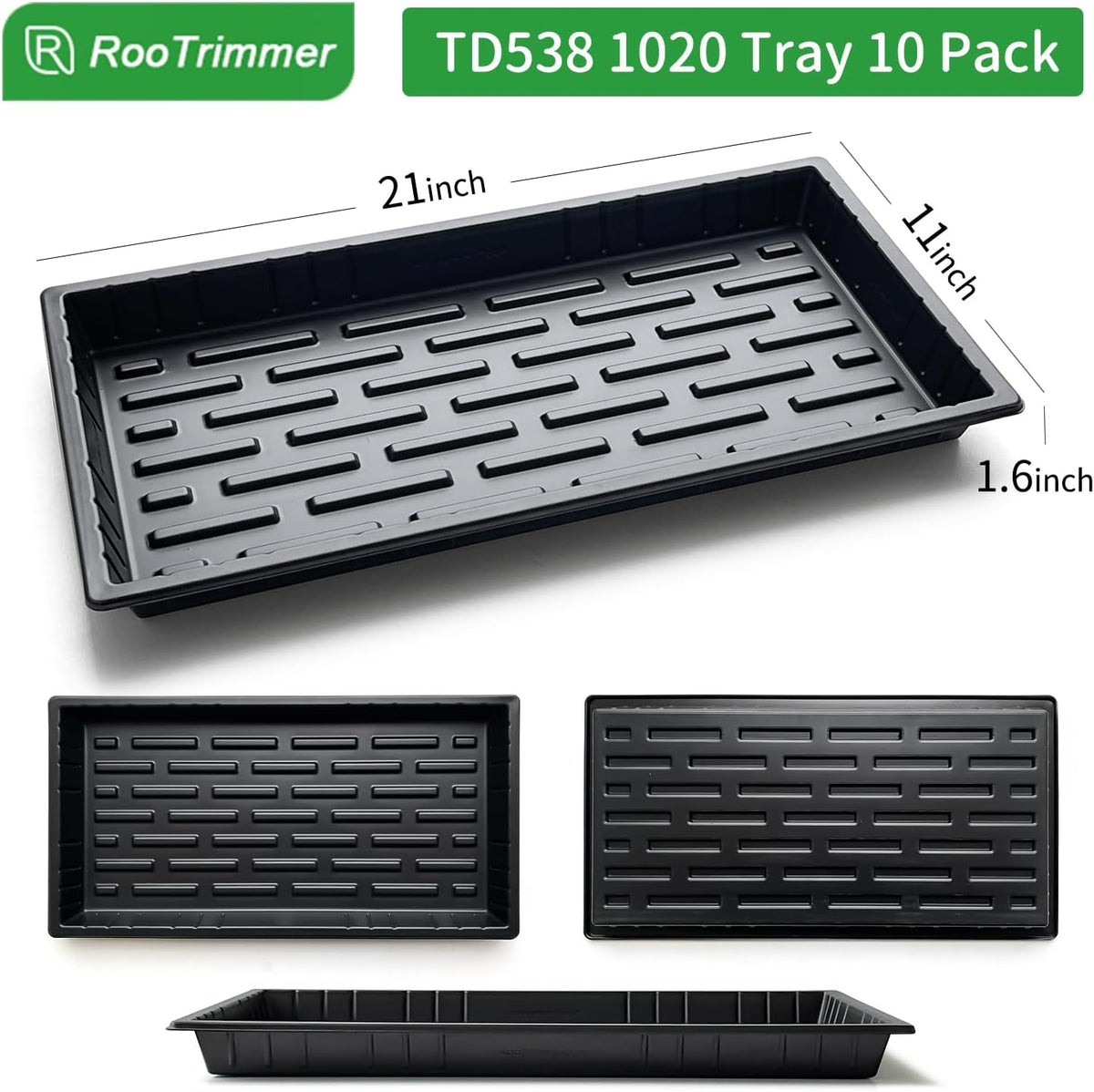 Growing Trays, 1020 Plant Nursery Trays Heavy Duty Seed Starter Flat Seedling Tray for 72/128 Cell Plug Tray Transplant Growing Microgreens (21"×11", 10 Pack, 1.6" Deep, Without Holes)