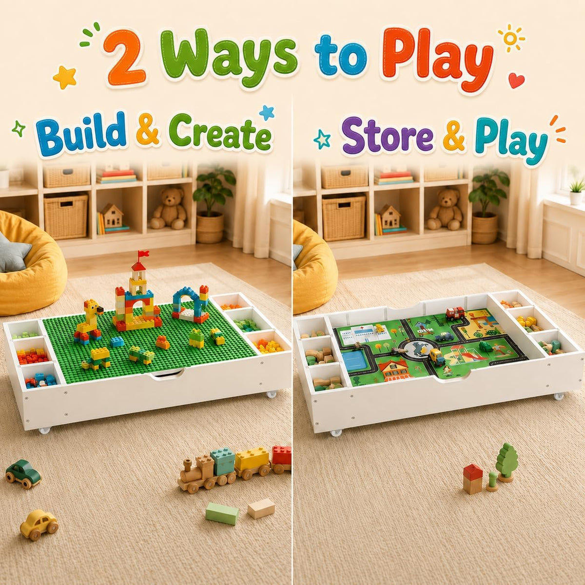 Kids Building Block Table, 3-in-1 Whiteboard Road Map with Storage | Kids Activity Table With 11 Detachable Storage Partitions, Removable Wheels And Low-Profile Under-Bed Or Sofa Design