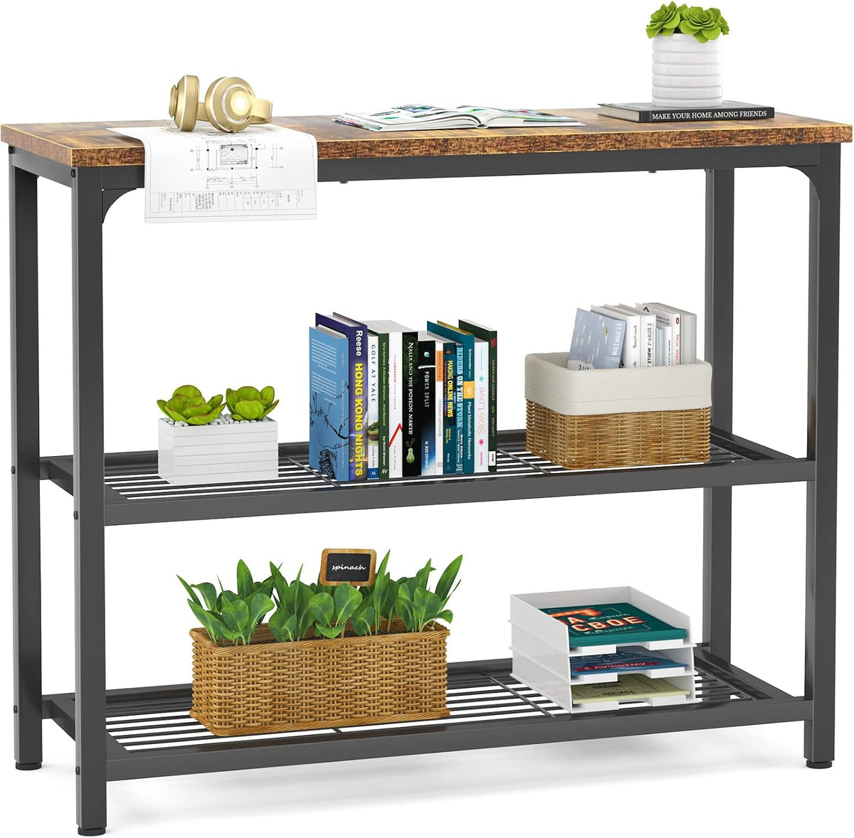 Ecoprsio Small Console Table, Sofa Table with Double Mesh Shelves, Industrial Entryway Table for Entryway, Hallway, Foyer, Front Hall, Sofa Couch, Living Room, Bar, Kitchen, 32 Inch, Rustic