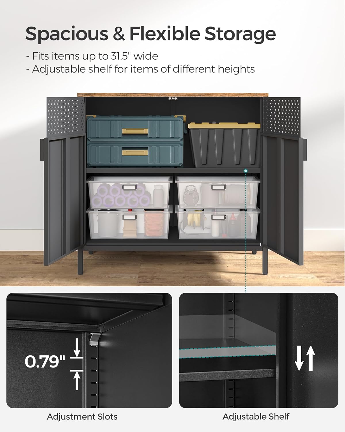 SONGMICS Storage Cabinet, Metal Cabinet, Sideboard with 2 Doors, 15.7 x 31.5 x 29.9 Inches, Magnetic Closure, Adjustable Shelf, Steel Frame, Rustic Brown and Black ULSC102B01