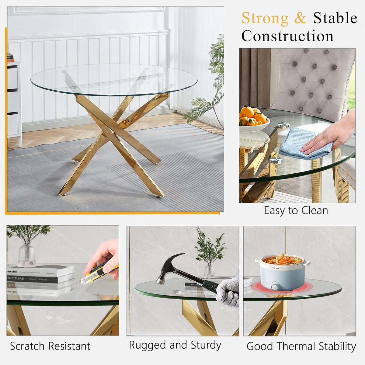 Round Glass Dining Table Set for 4, Small Kitchen Table Set for 4, 47" Circle Gold Glass Table and Chairs Set of 4,5 Piece Round Dining Room Table Set w/Beige Velvet Chairs for Breakfast Dinette Cafe