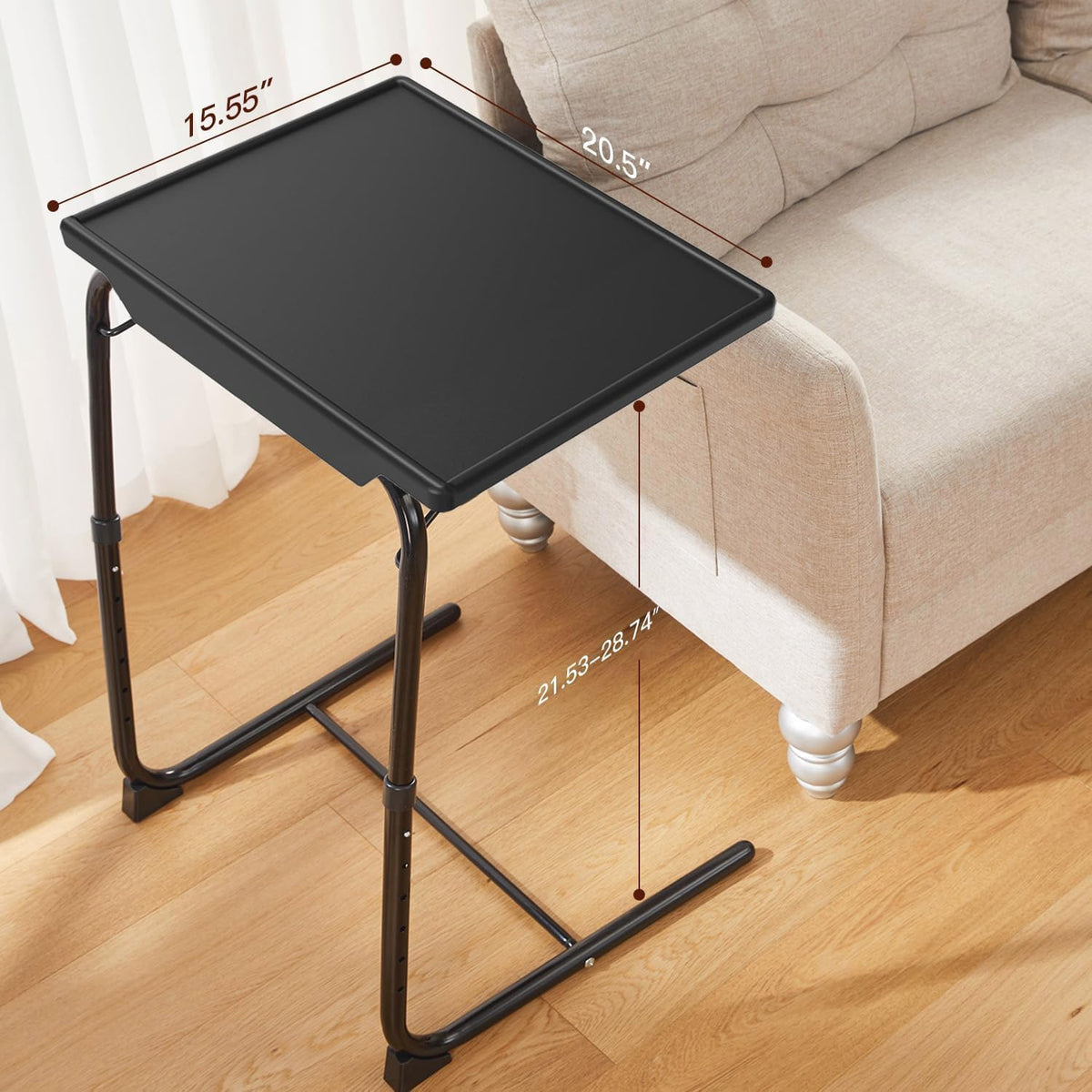 HUANUO TV Trays Set of 2, TV Tray with 6 Height & 3 Tilt Adjustments, Black | 21.53" - 28.74" Height Range, Foldable, Cup Holder, Crossbar for Stability, for Eating, Working, Drawing on Sofa, Bed