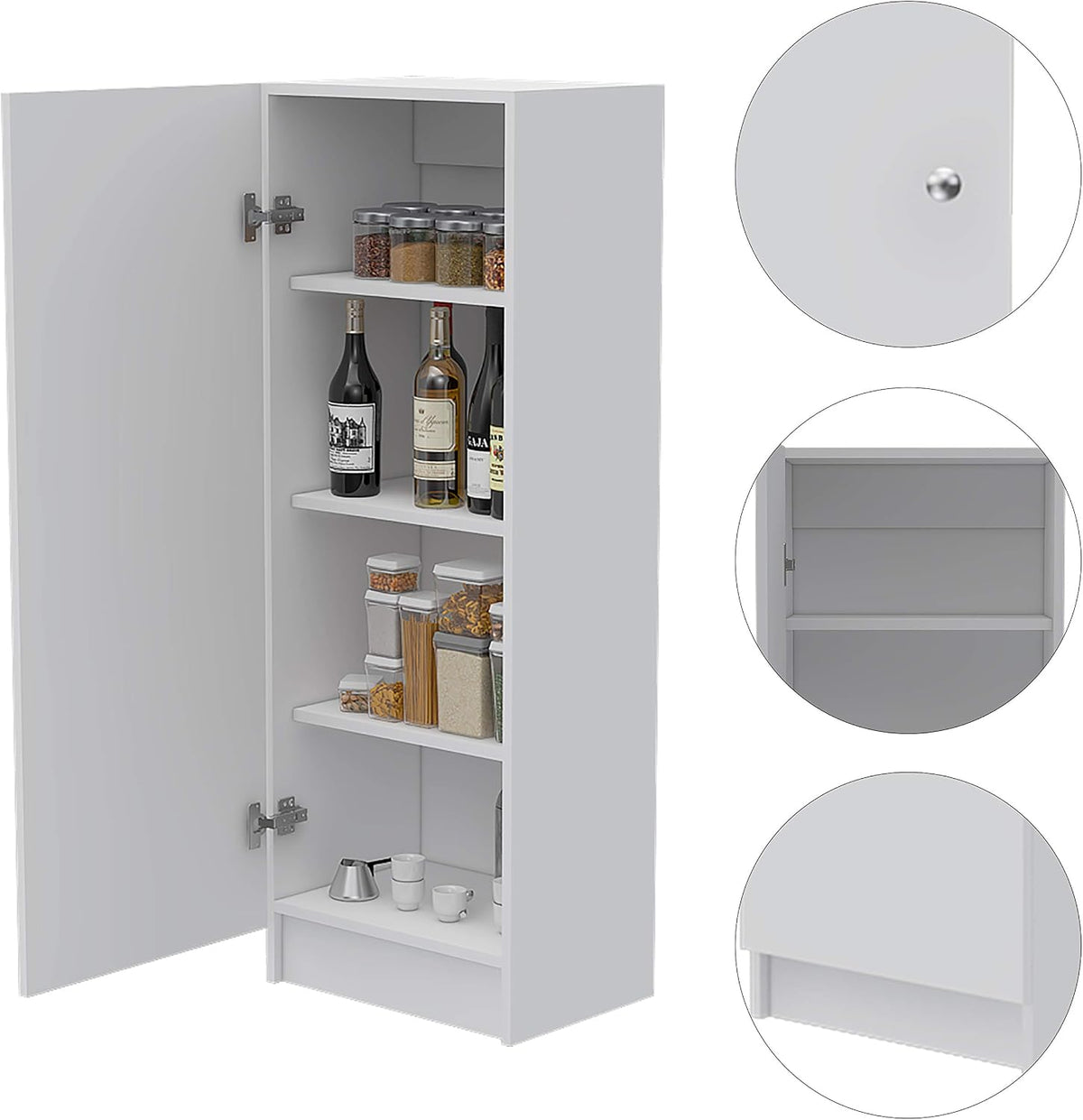 Kitchen Pantry 47" H, 1 Door Cabinet, 4 Interior Shelves, White