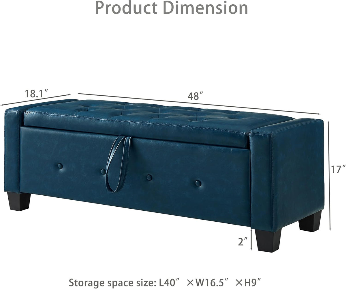 Storage Bench for Bedroom – Upholstered Tufted Ottoman Bench with Legs, 48" Faux Leather Ottoman with Storage with Safety Hinge, End of Bed Benchs for Bedroom Living Room Entryway
