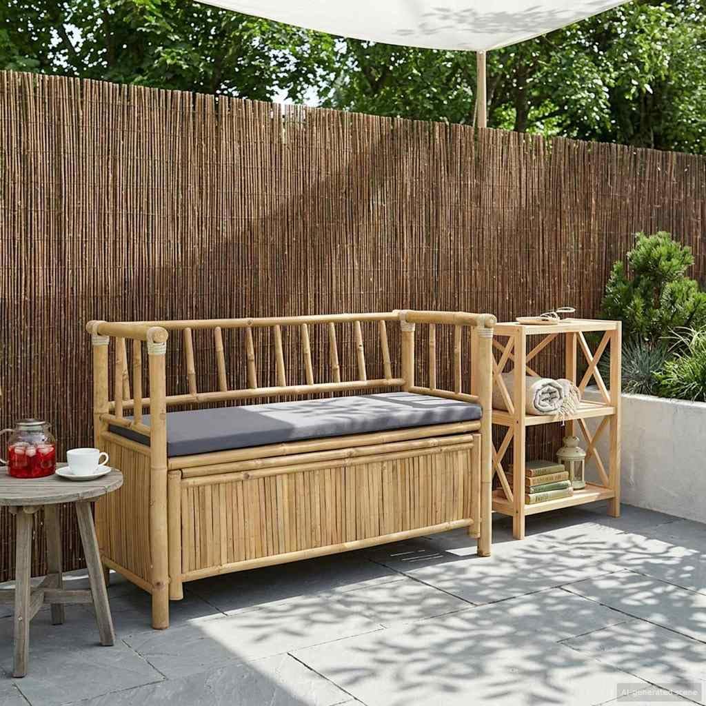 Bamboo Garden Storage Bench 110x47x80 cm, Natural Outdoor Bench with Hidden Seat Storage, Post Leg Design for Patio or Sunroom, Easy Assembly Required