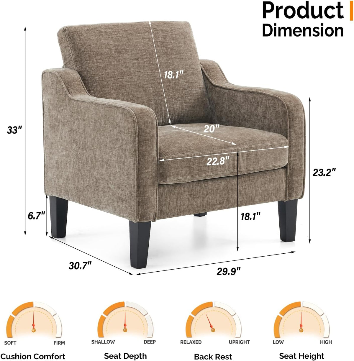 VINGLI Accent Chairs Set of 2, Modern Traditional Armchair for Living Room | Light Brown Reading Chair for Bedroom, Chenille Upholstered Sofa Chairs, Comfy Chair for Small Space, Apartment, Waiting Room