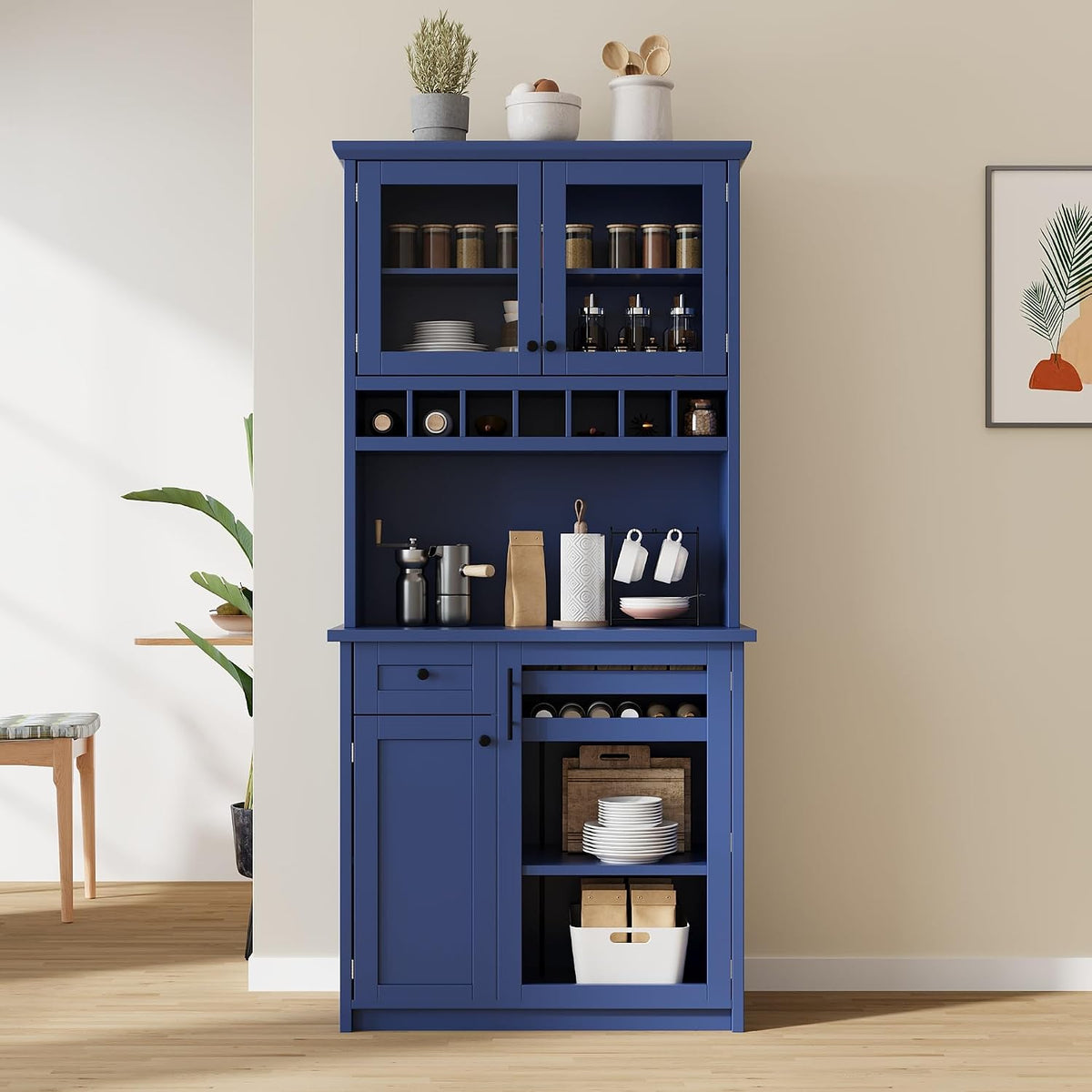 Farmhouse 35.4x17.7x74.8inch Freestanding Kitchen Pantry Cabinet with Hutch, Buffet with Wine Rack, Adjustable Shelves & Tempered Glass Doors, Tall Kitchen Storage Cabinet for Dining Room (Blue Color)