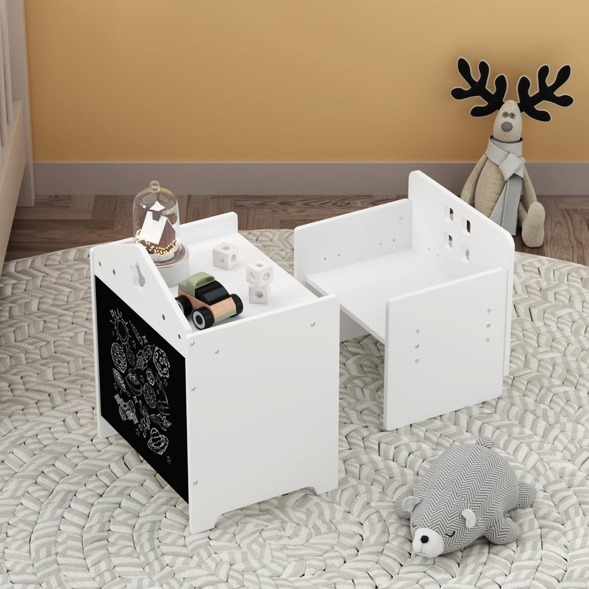 Table and Chair Set 2-Piece Play Table for Boys & Girls | Adjustable seat|Writable back|Space-saving|Study/play/bed