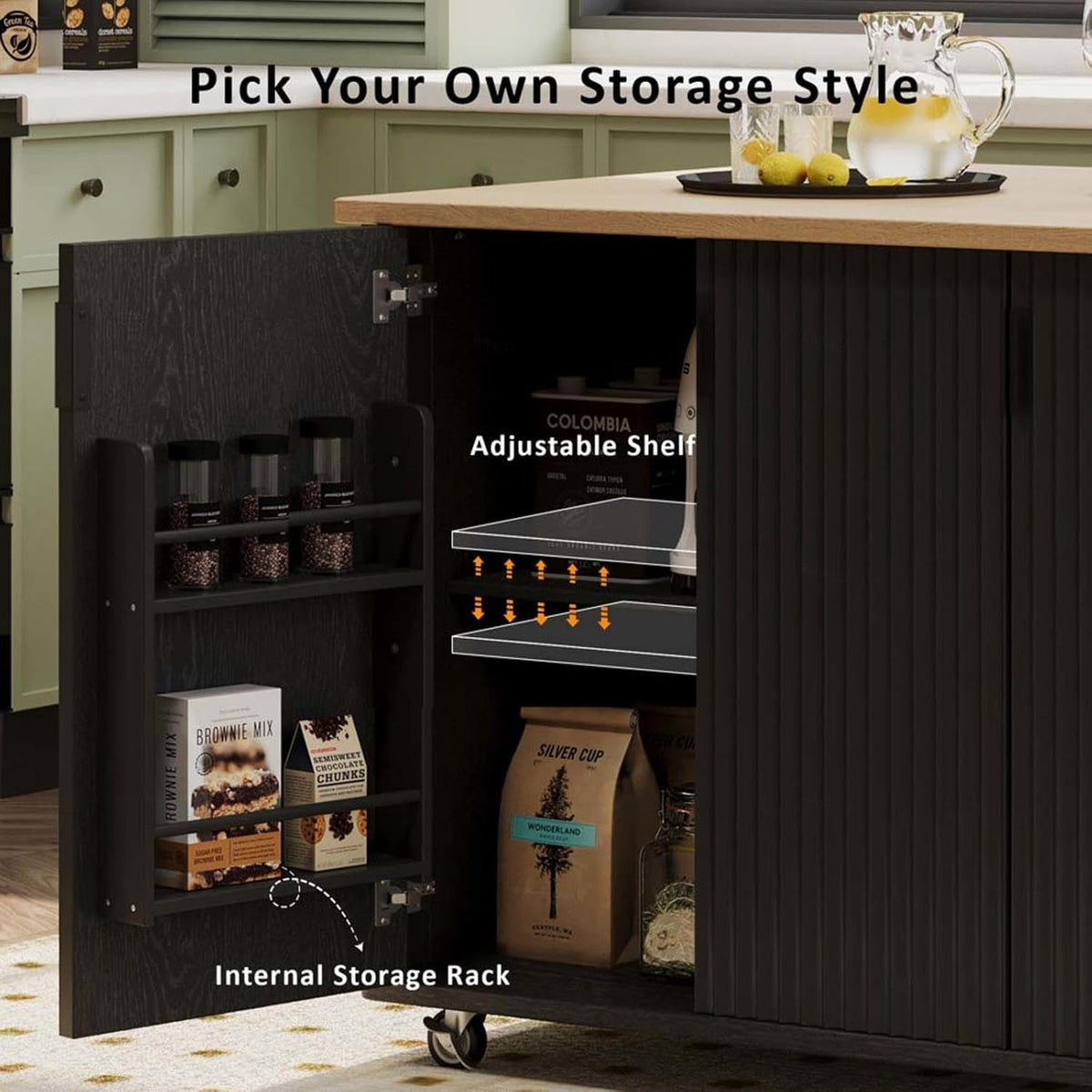 Movable Kitchen Island with Drop Leaf Height-Adjustable Shelves, Black Kitchen Island with Wheels Towel Rack， for Kitchen, Dining Room, Black