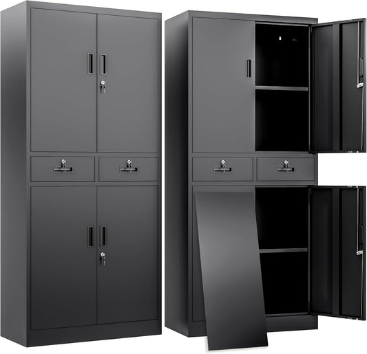 BESFUR Metal Storage Cabinet with 2 Drawers 4 Doors and 2 Adjustable Shelves Garage Storage Cabinet with Lock 71" Office Storage Cabinets Locking Cabinets for Garage Office Shop Home (Black)