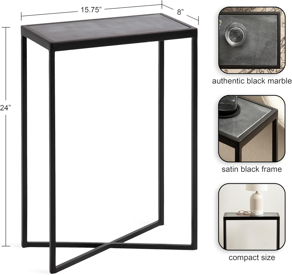 Kate and Laurel Jaspur Modern Slim Side Table, 16 x 8 x 24, Black Marble and Black, Decorative Glam Narrow End Table for Use as Skinny Bedroom Nightstand or Living Room Accent Table