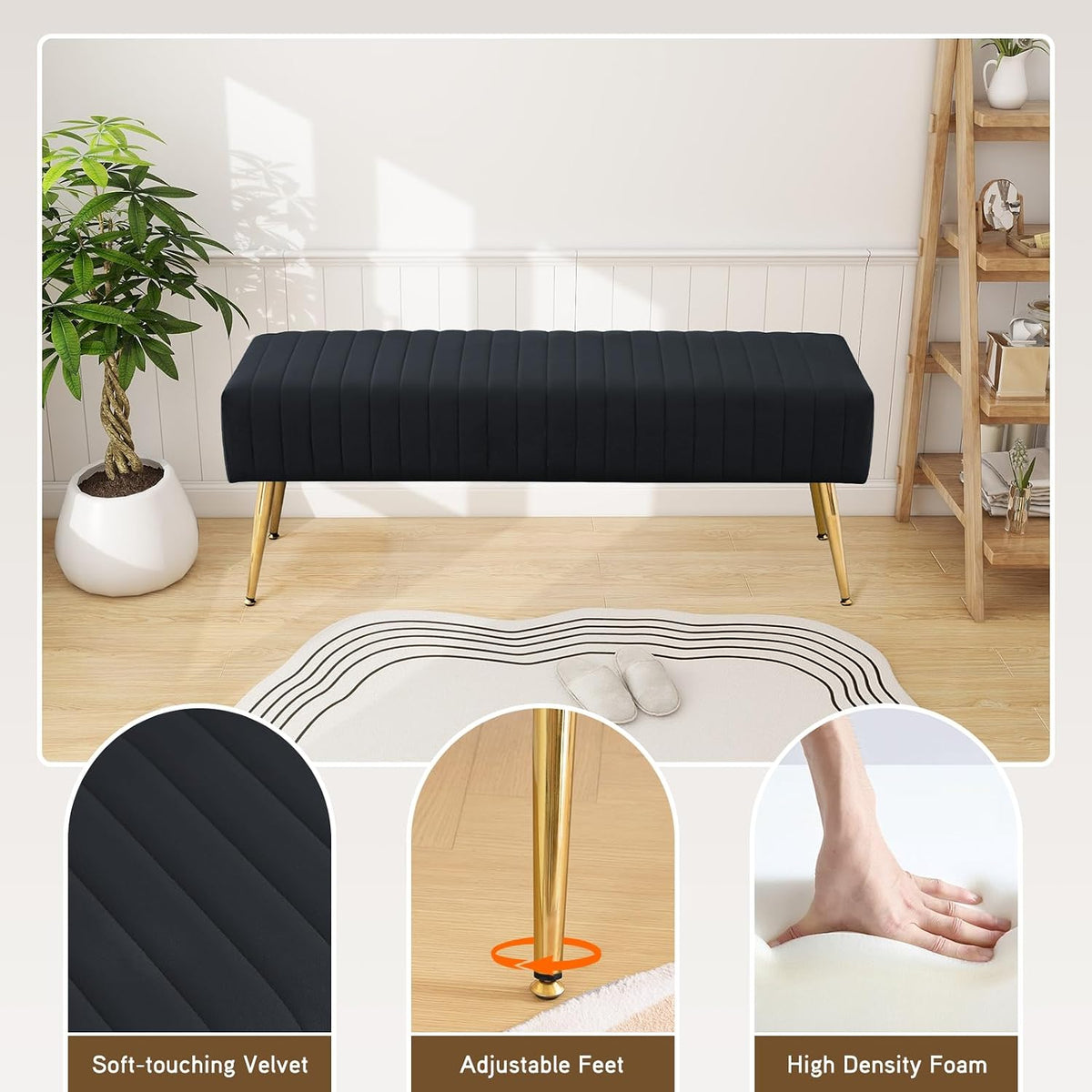 Furnimart 44 Inch Bedroom Ottoman Bench, Black Upholstered End of Bed Bench with Gold Legs for Living Room Bedroom Dinning Room Entryway, Black