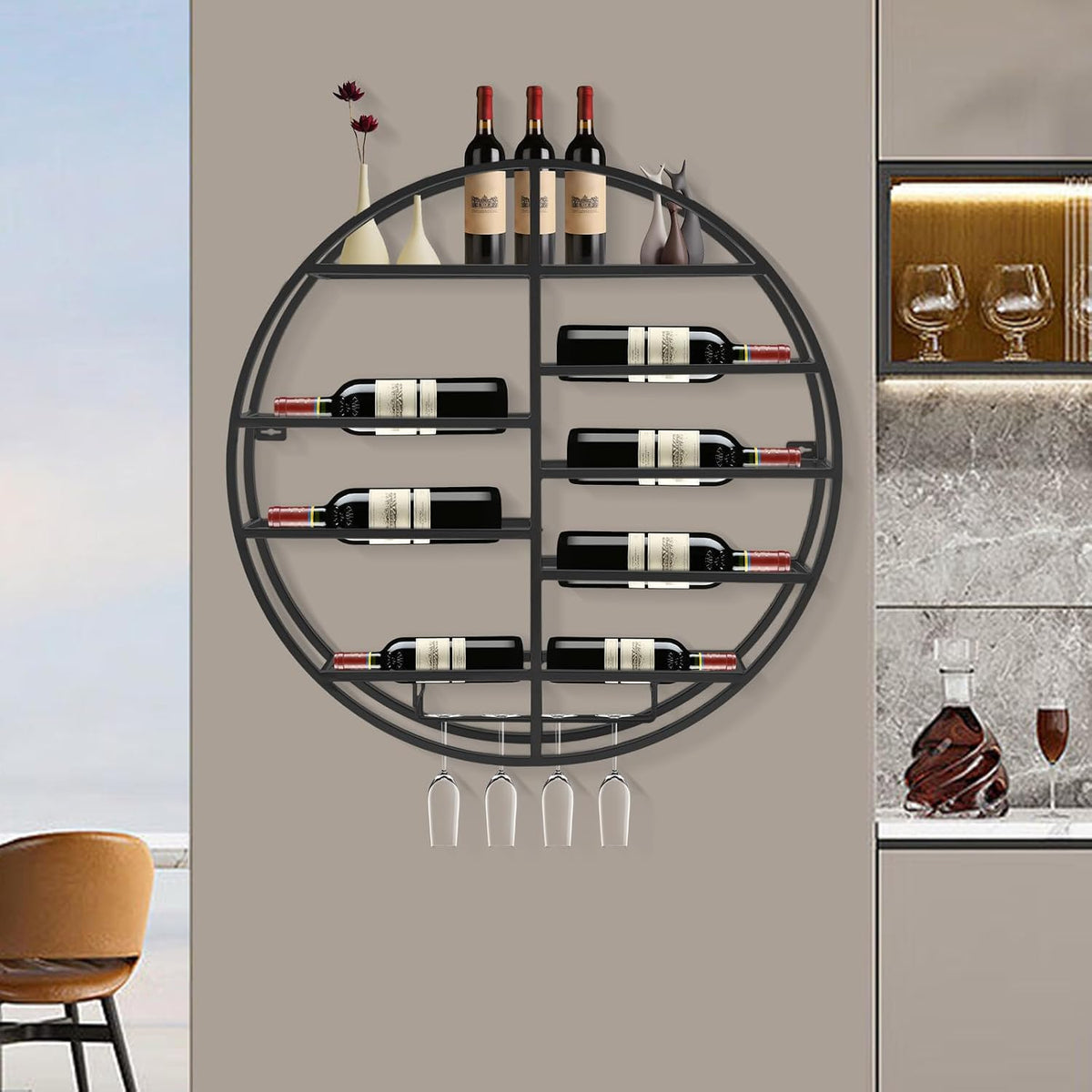 23.6 Inch Wall Mounted Wine Rack w/Glass Holder, Round Iron Wine Shelf, 7 Bottle Horizontal Storage & 4 Glass Hanging Rail, Modern Floating Display for Kitchen & Bar (Black/Gold) (Black)
