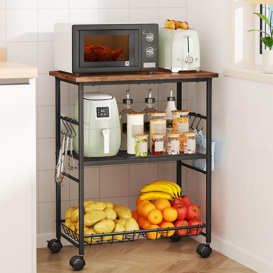 SWTYMIKI Rolling Kitchen Microwave Cart - 3 Tier Microwave Table Stand with Storage Basket and Hooks, Kitchen Utility Cart on Wheels, Coffee Cart Shelf Rack Organizer for Living Room Office, Balcony