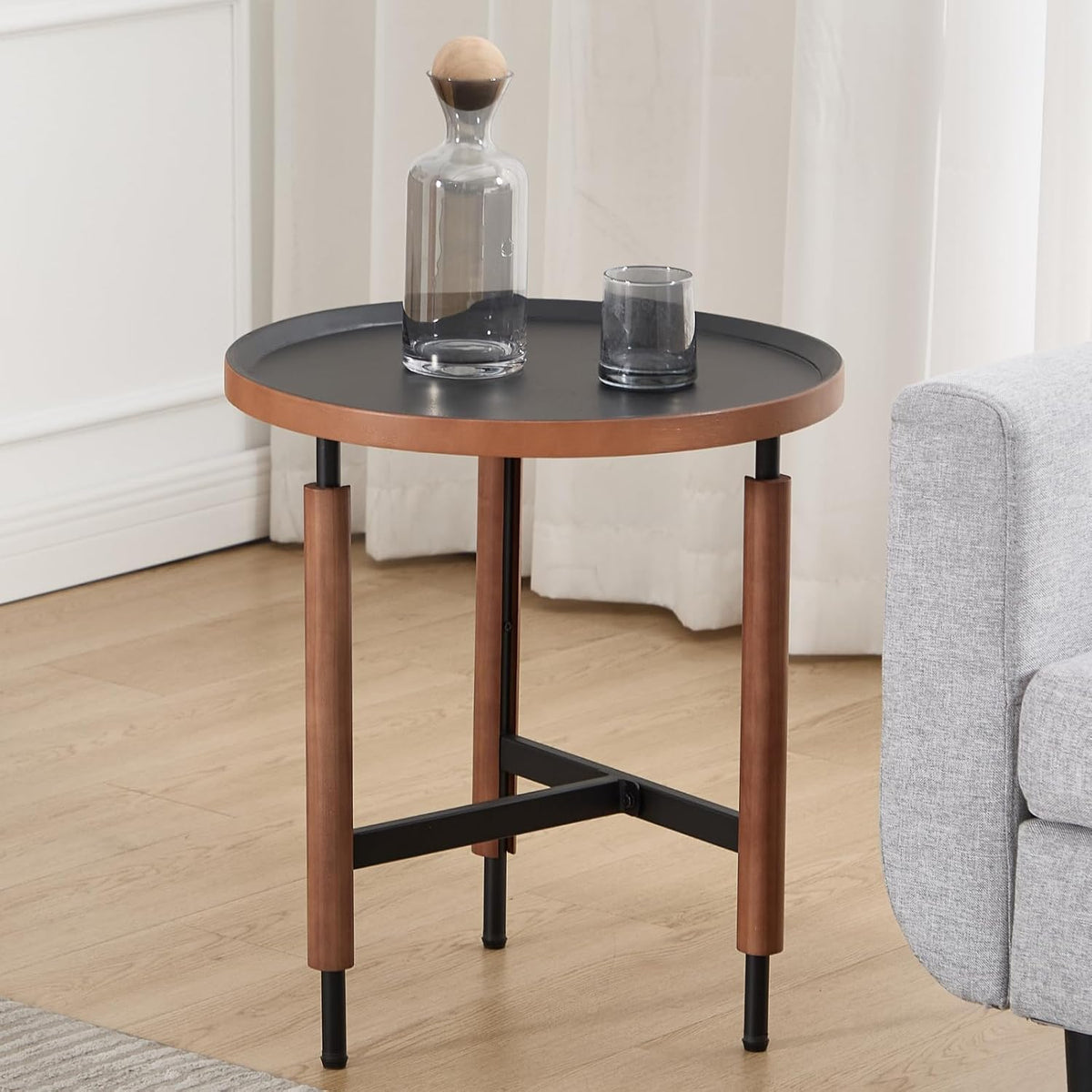 DUOMAY Modern Round Wood Side Table, 19.5'' Wide End Table with T-Shaped Metal Base, Round Tubular Iron Legs Covered with Rubber Wood for Living Room, Lounge, Office, Apartment, Black