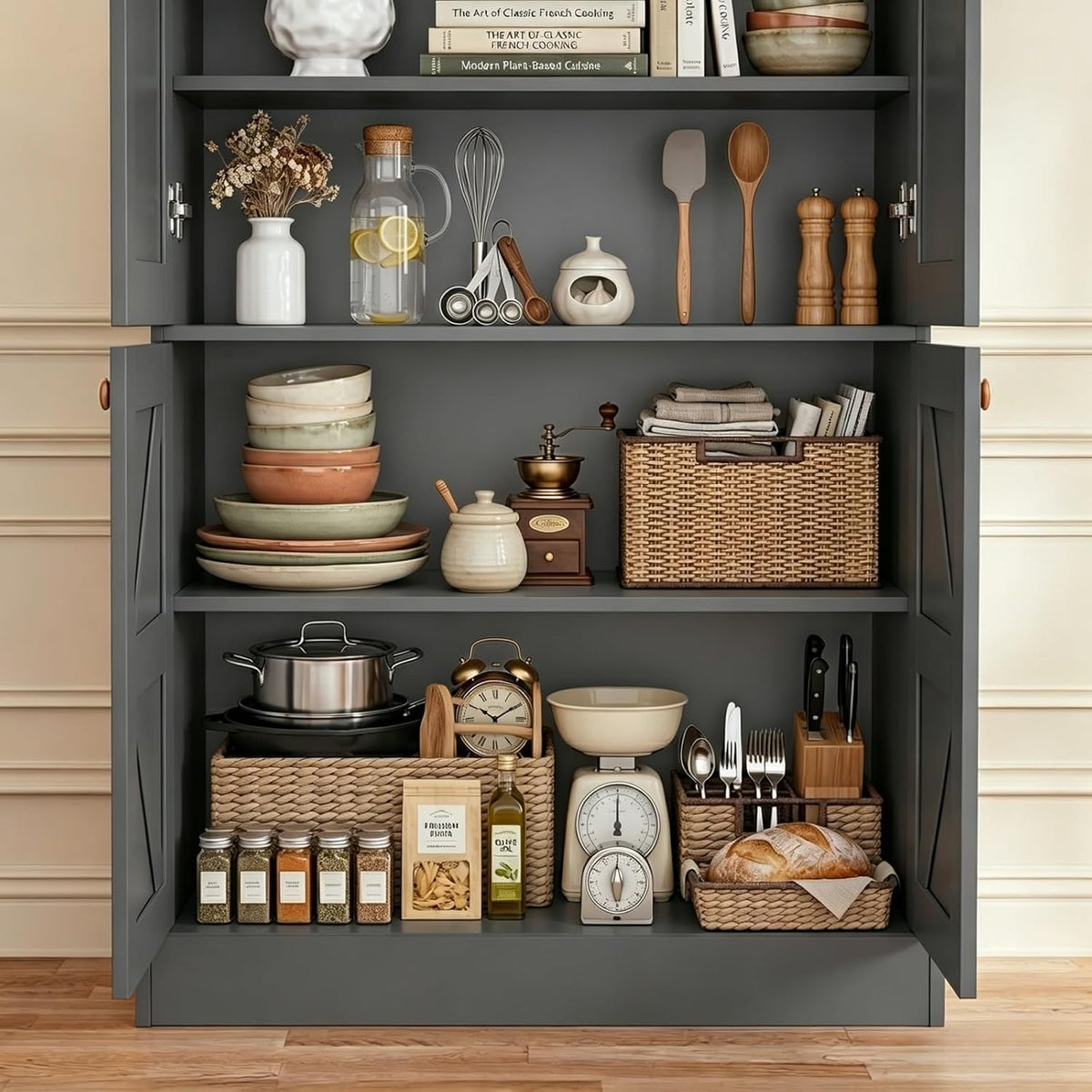Vyre 71" Tall Farmhouse Kitchen Pantry, Large Storage Cabinets with Glass Doors, Hutch Cabinet with 3 Drawers, Adjustable Shelves for Living Room, Dining Room, Black