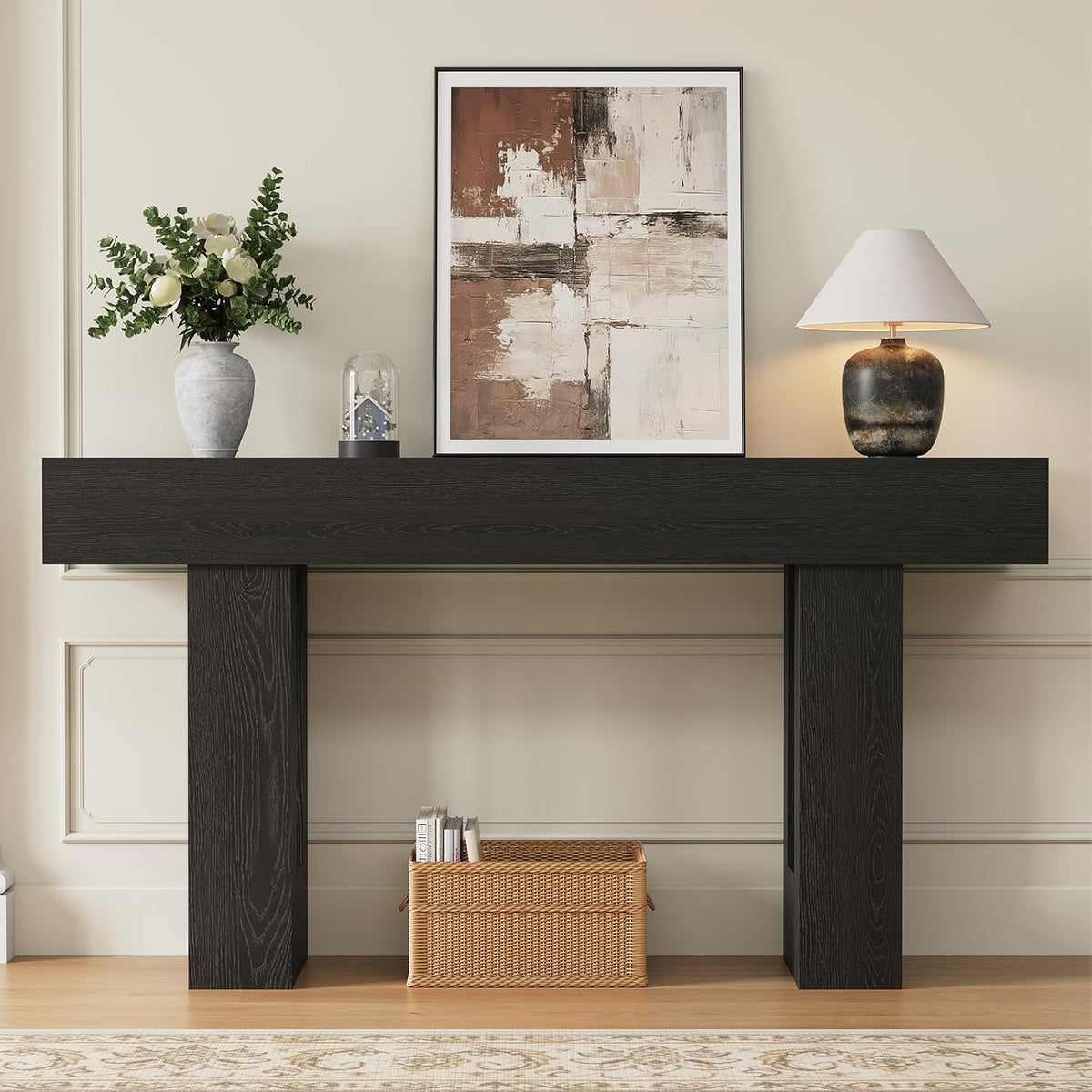 Airynee 63 Inches Long Console Table for Entryway with Drawers, Wooden Sofa Table Behind Couch, Industrial Entry Table for Living Room, Foyer, Hallway, Black