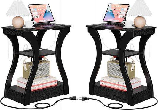 SUPER DEAL End Table Set of 2, Curved Frame Nightstand, Narrow Side Table with Charging Station for Living Room, Bedroom, Small Spaces, 2 USB and 2 Power Outlets, 19.6" W x 11.8" D x 23.4" H, Black