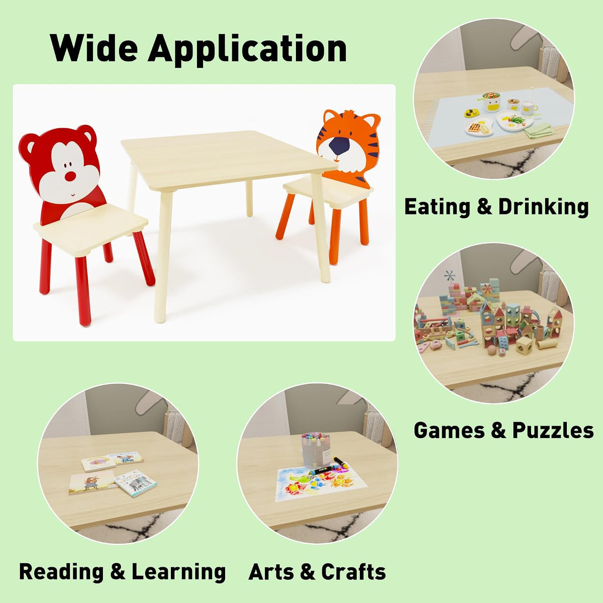 3 Pieces Toddler Table and Chair Set, Tiger & Bear Pattern Solid Wood Legs Heavy Duty Boys and Girls Activity Play Table and 2 Chairs Furniture for Playroom Daycare Kindergarten