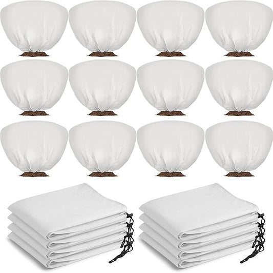 12 Pcs Winter Plant Covers Freeze Protection 39.4x23.6 Inch Horizontal Shrub Tree Rose Plant Protection Bags Frost Blanket with Drawstring for Fall Winter Outdoor Garden Planting (White)