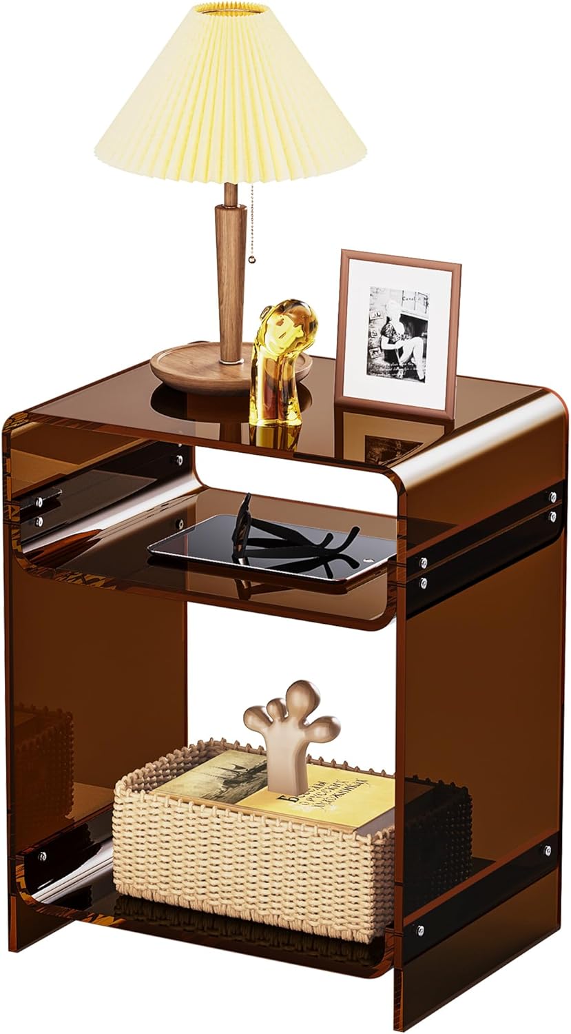 Acrylic End Table Record Player Table with Storage Shelf Clear Side Table Nightstand (Dark Brown)