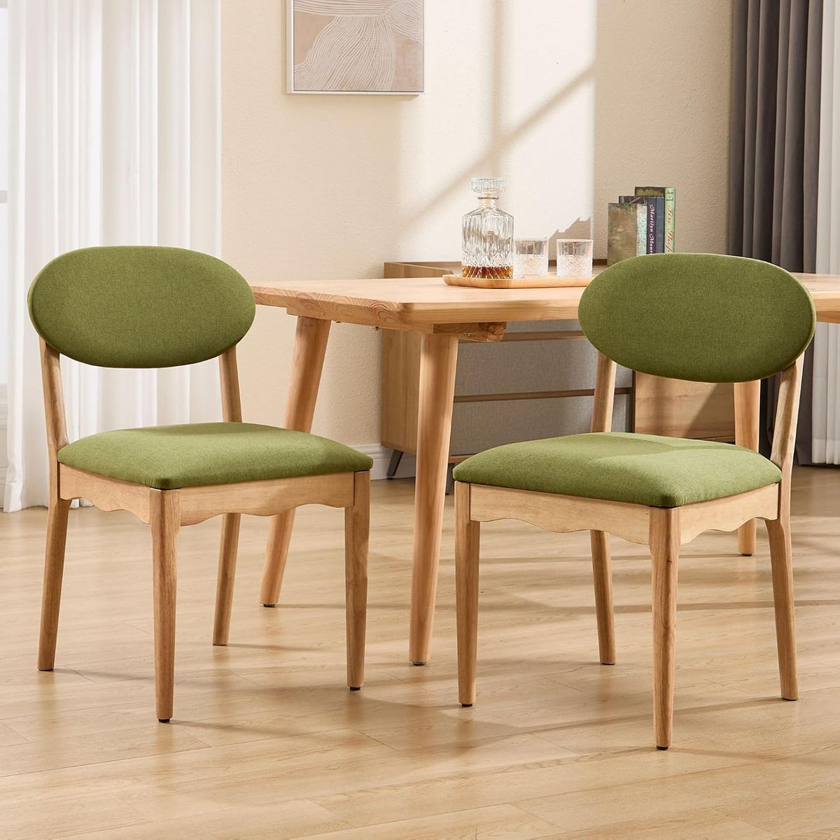 ROCITY Green Upholstered Dining Chairs Set of 2 Wood Dining Room Chairs Farmhouse Boho Kitchen Chairs Linen Fabric Natural Oak Wood