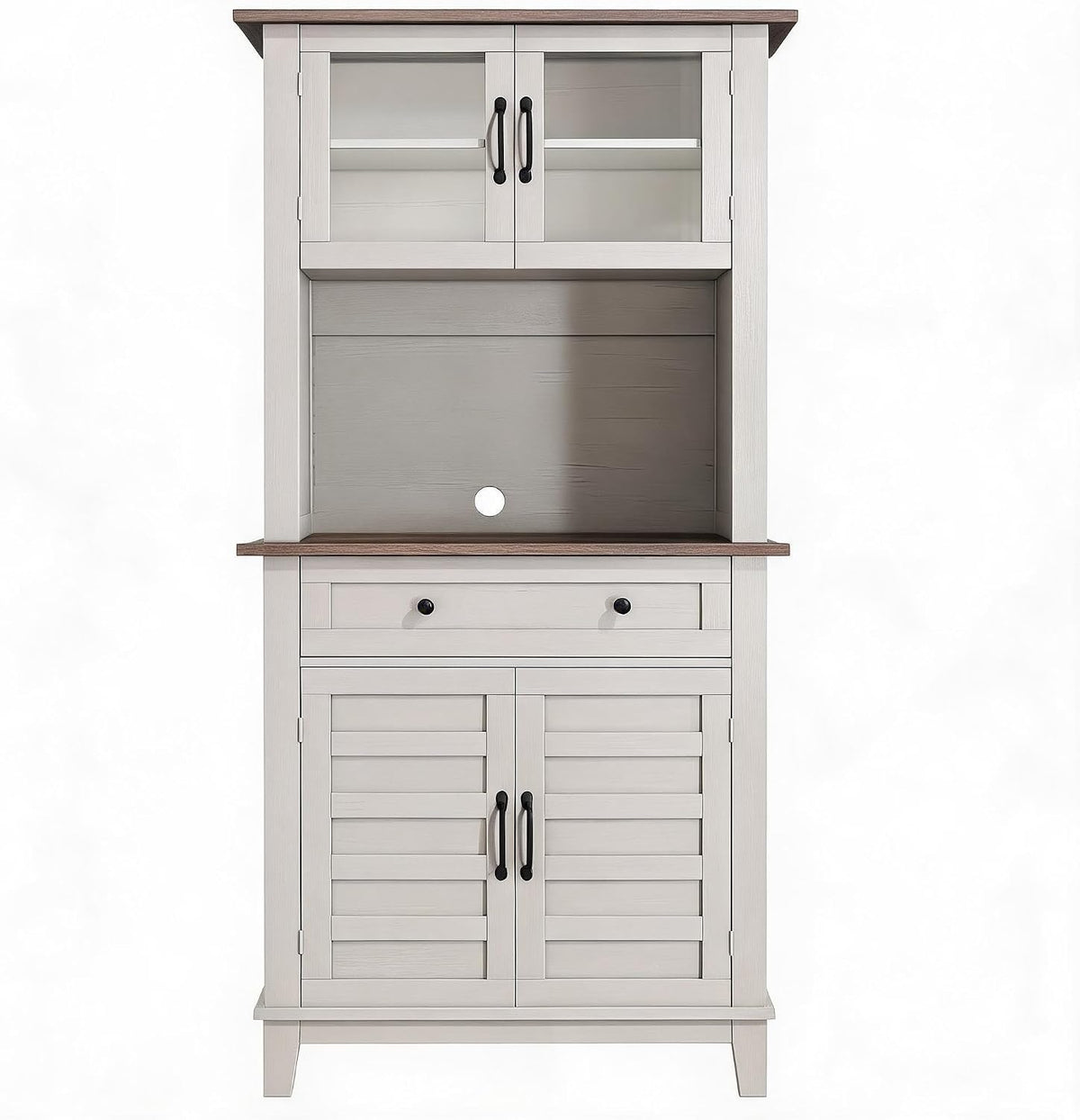 IDEALHOUSE Modern 72-Inch Freestanding Pantry Cabinet – Buffet Hutch with Adjustable Shelves, Large Drawer, Glass & Wooden Doors, Open Storage – Brown & White Contrast – Perfect for Dining Room,