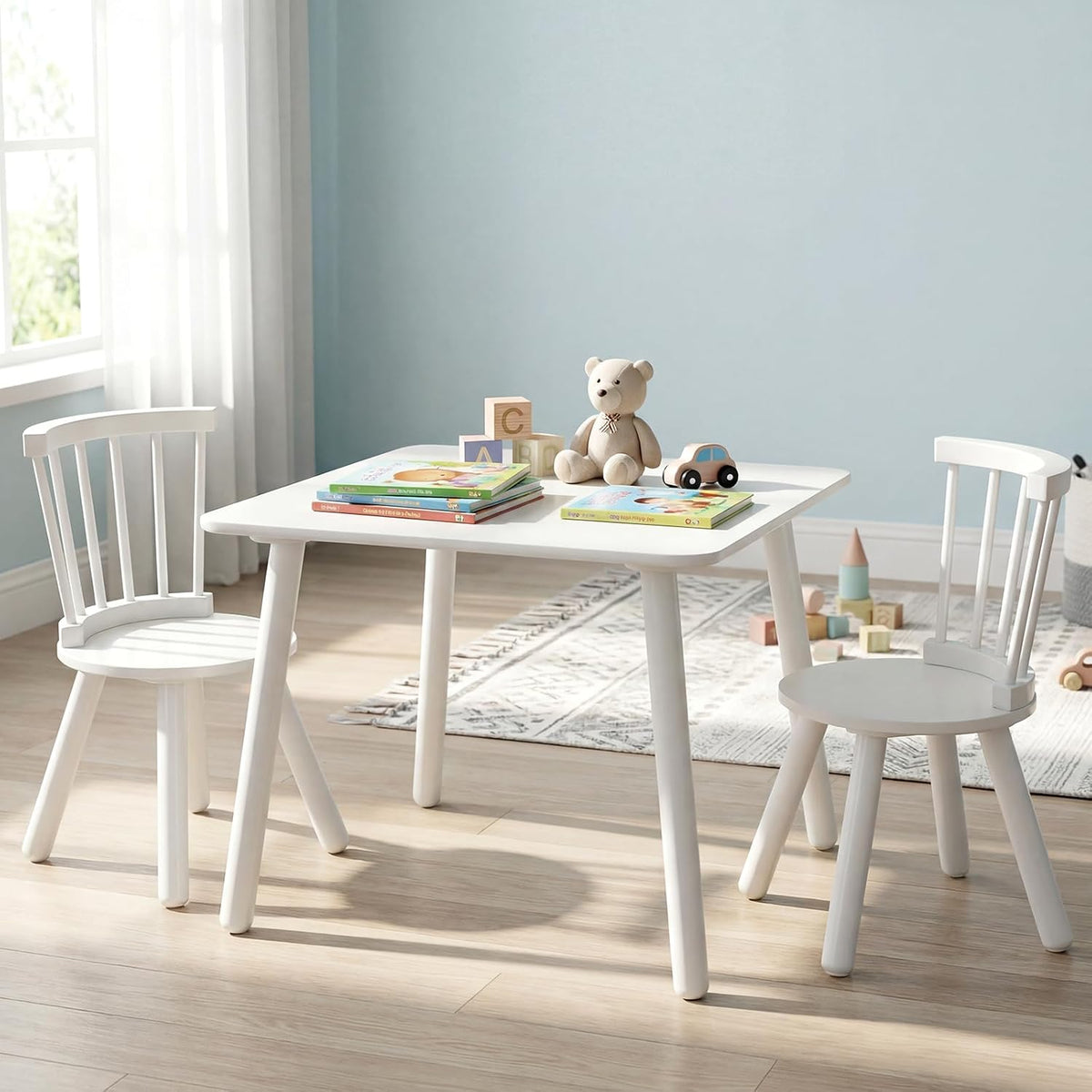 GLACER Kids Table and Chairs, 3-Piece Wooden Activity Table and Chair Set with Pine Legs & Windsor Back for Play, Reading & Learning, Playroom Nursery Furniture for Boys and Girls Ages 3+ (White)
