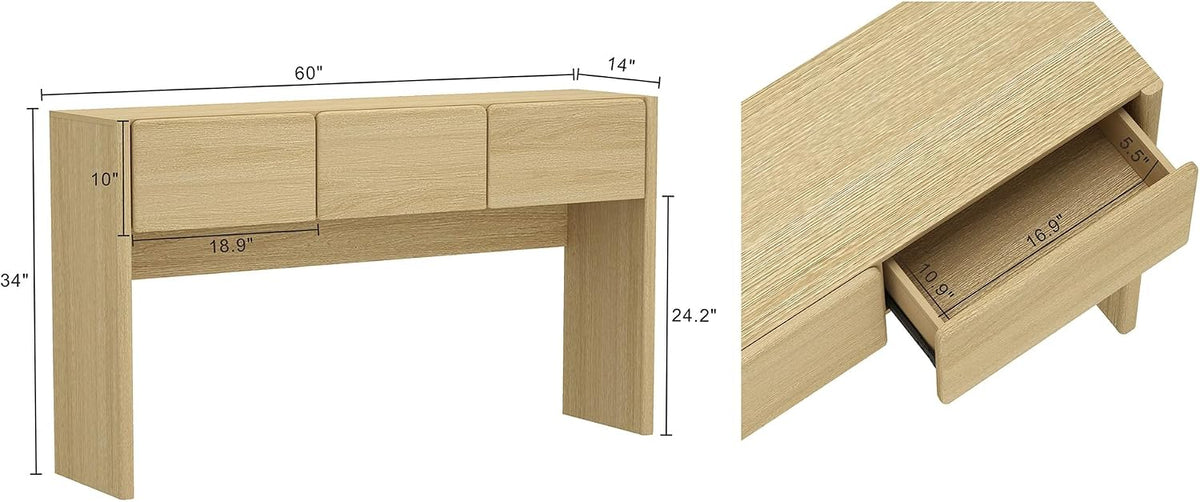 Manhattan Comfort Linda Modern Console Table with 3 Storage Drawers – 60" Narrow Entryway Stand for Living Room, Hallway, or Dining Room – Wood Grain Accent Furniture, Natural Oak