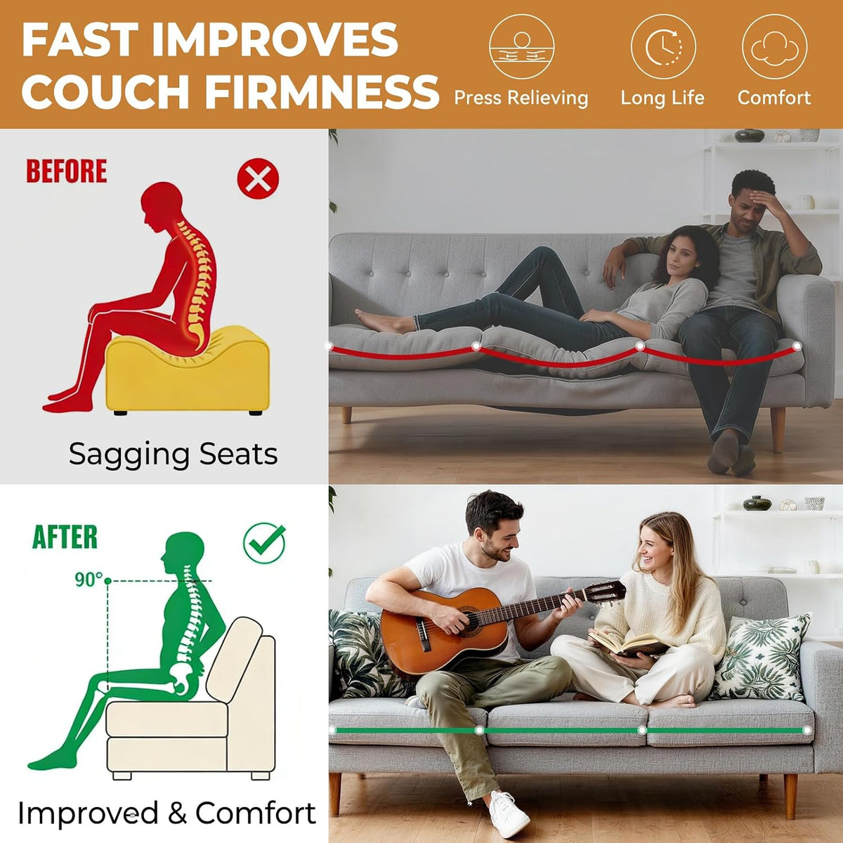 Heavy Duty Couch Cushion Support Board for Sagging Sofa, 21.5''x70''Sofa, Thick Reinforced Wood Boards Add Strong Seat Supports, Under Couch Insert with Anti-Slip Dots,Grey
