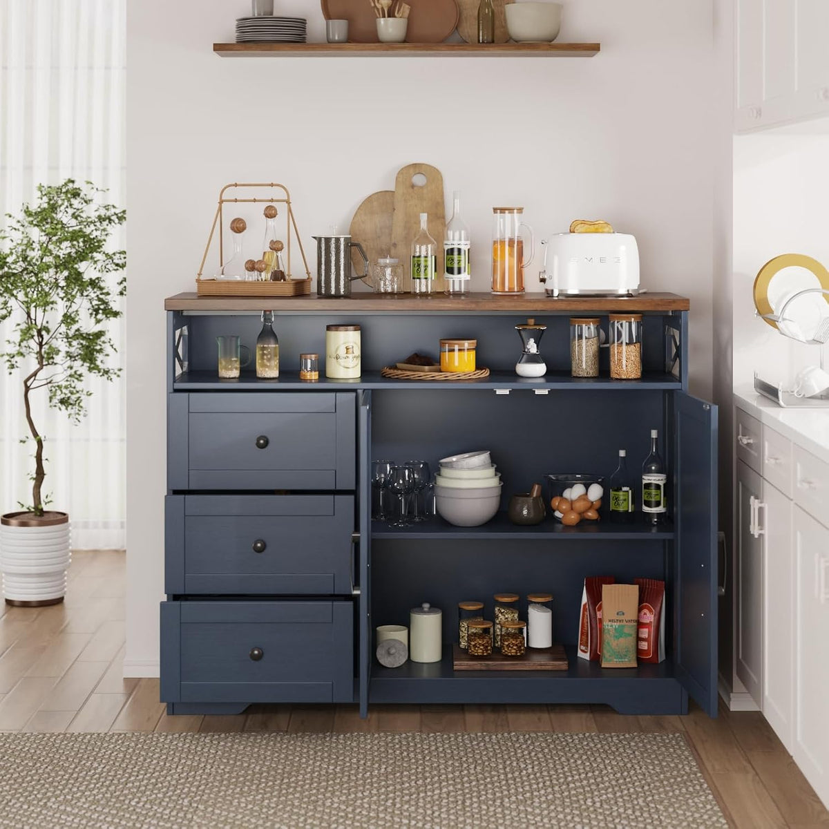 Befrases Farmhouse Buffet Cabinet with Drawers & Open Shelf, Sideboard with Storage, Kitchen Pantry Cabinet Hutch, Coffee Bar Station for Kitchen, Livingroom, 47" L Blue