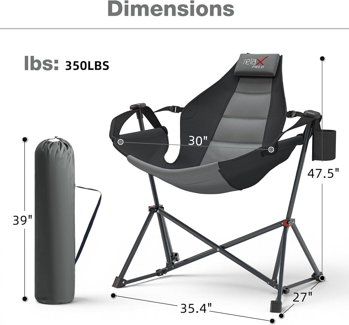 Hammock Camping Chair with Adjustable Backrest, 350LBS Heavy Duty Oversized Swinging Chair Portable Folding Rocking Chair with Pillow Cup Holder for Outdoor Beach Camping Patio, Black