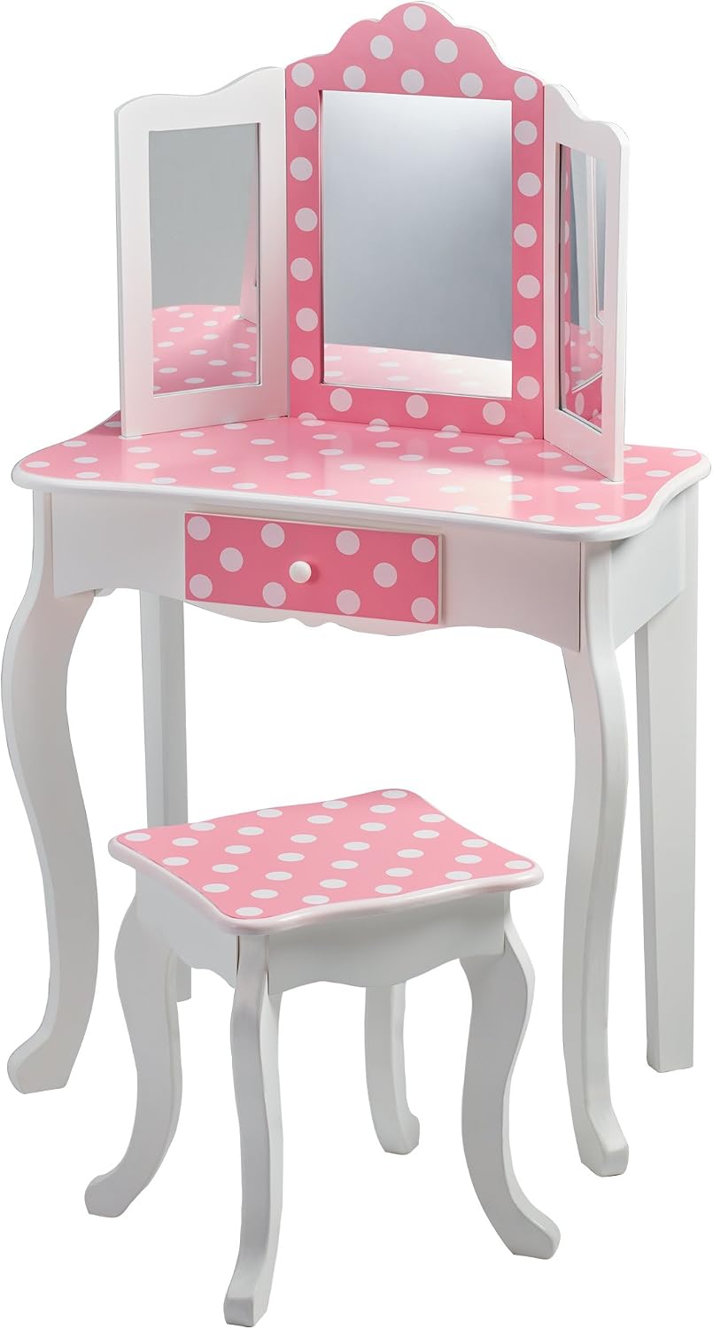 Teamson Kids Princess Gisele Polka Dot Print 2-Piece Kids Wooden Play Vanity Set with Vanity Table, Tri-Fold Mirror, Storage Drawer, and Matching Stool, White with White/Pink Polka Dot Accent