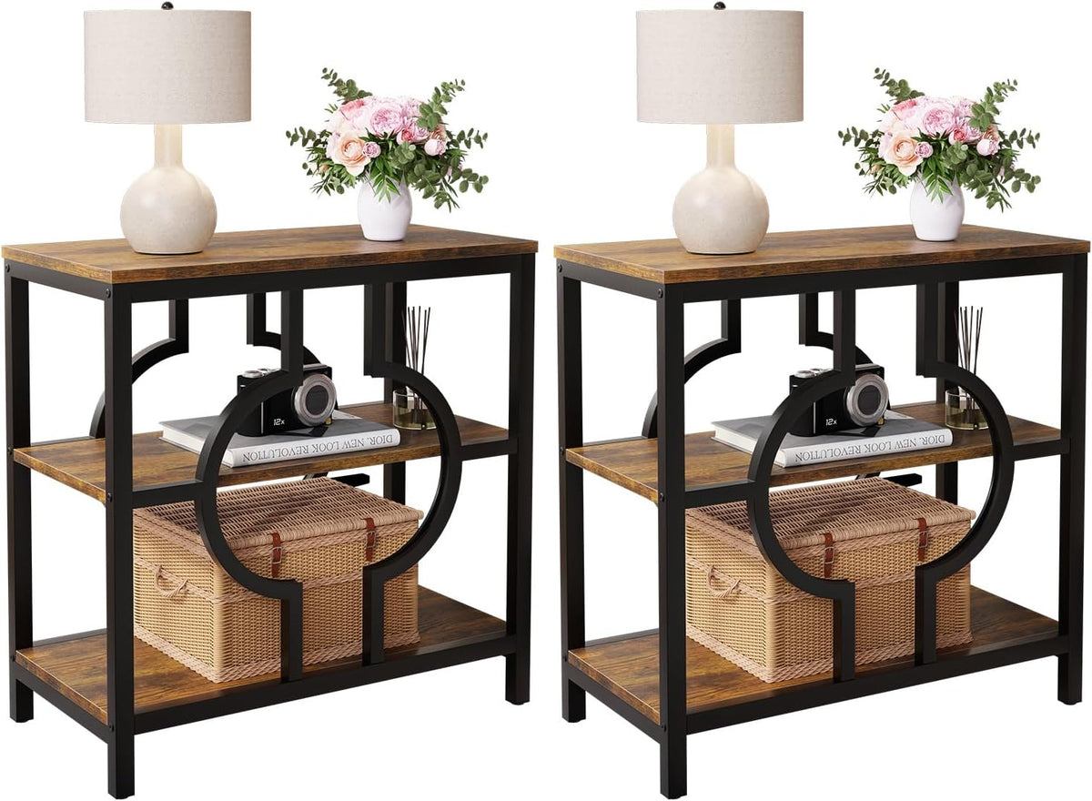 End Table Set of 2, Narrow Side Table with 3-Tier Storage Shelves, Wood Sofa Side Table with Geometric Metal Frame for Living Room, Industrial Bedside Nightstand for Bedroom (Brown)