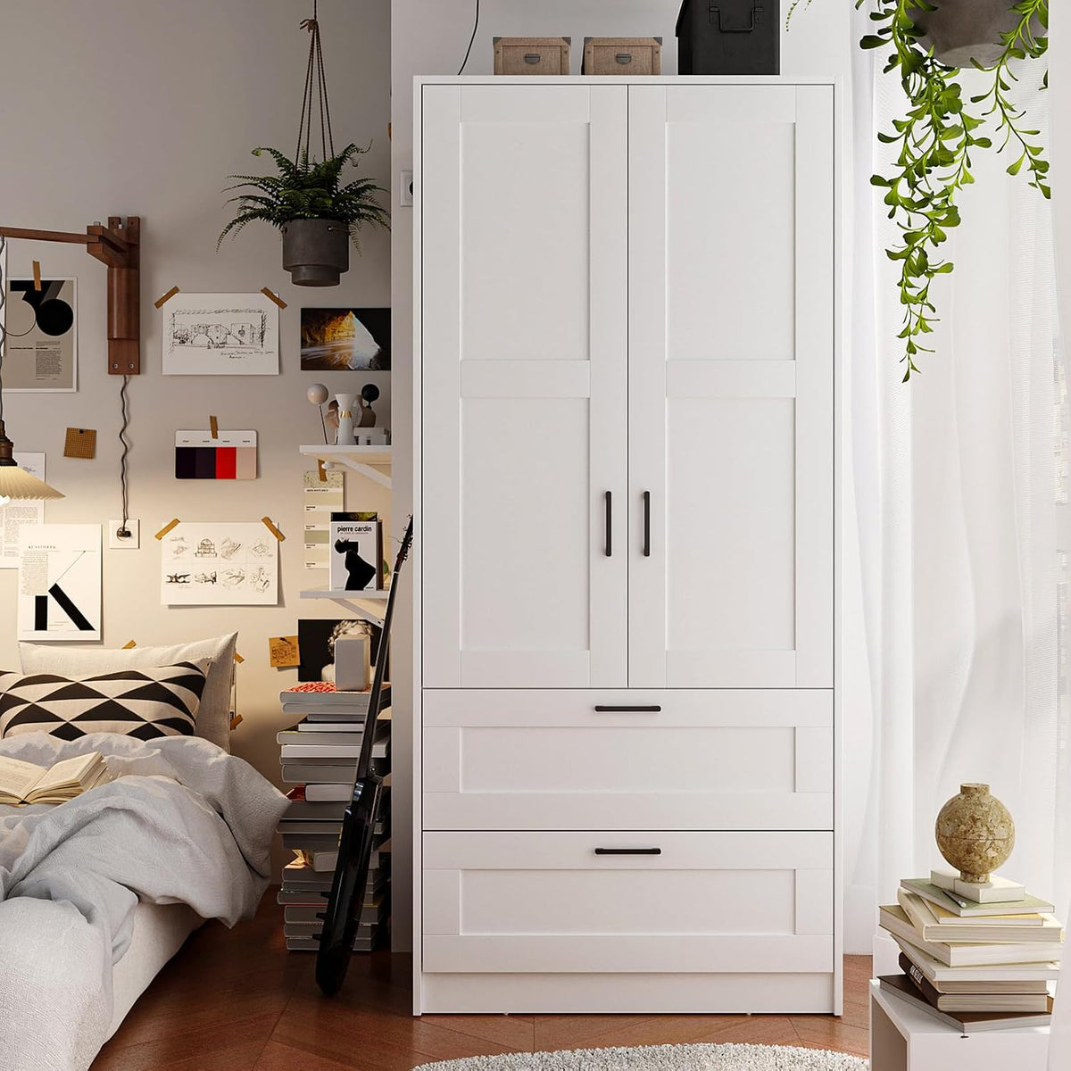 Fenghua Lizhi Wood White Wardrobe Closet with 2 Doors and 2 Drawers，Bedroom Freestanding Armoire Storage Cabinet with Shelves，Wooden Wardrobe Combination for Hanging Clothes (White 2 Drawers)