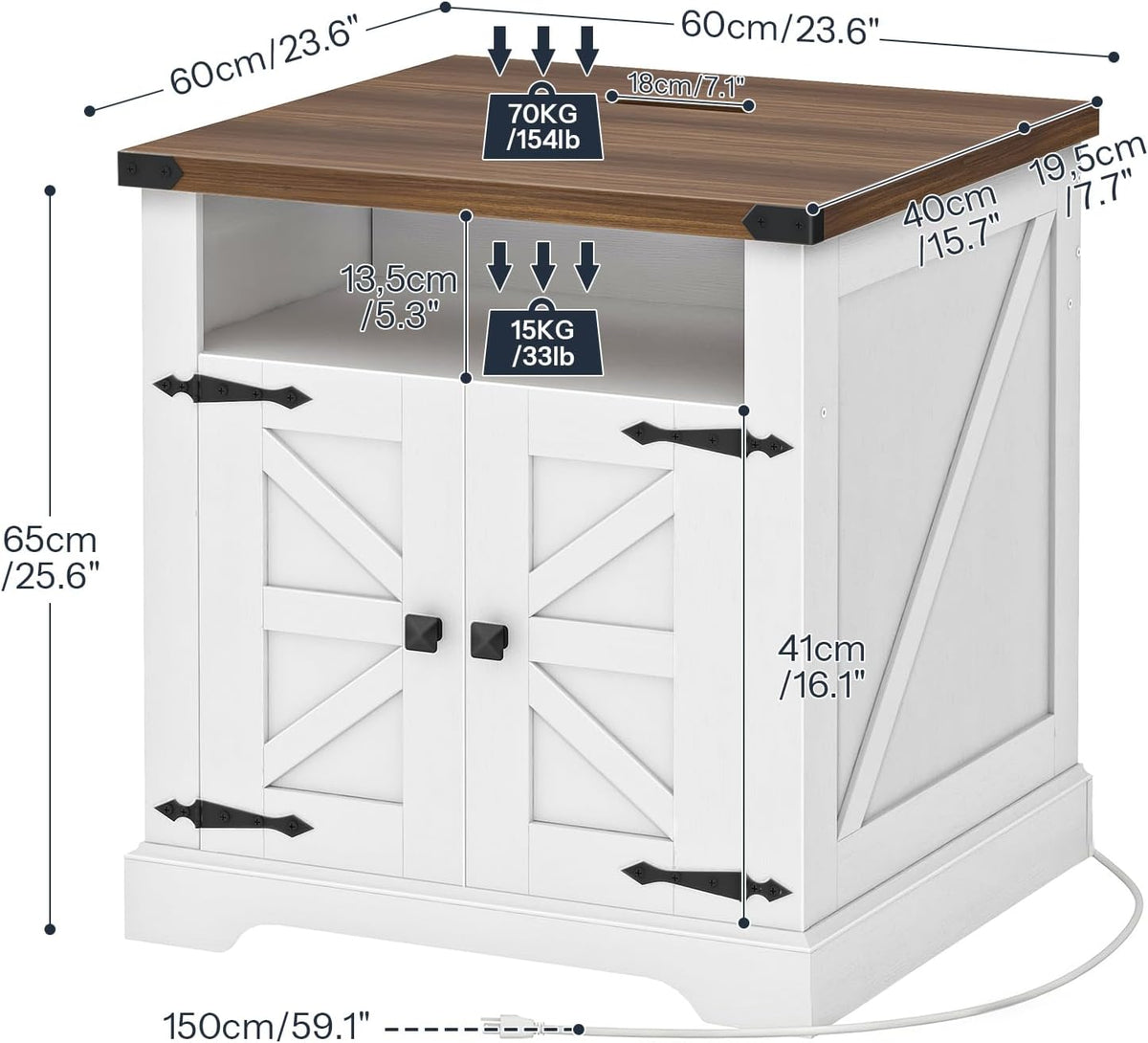 HOOBRO Farmhouse End Table with Charging Station, 23.6" Large End Tables for Living Room, Sofa Side Table with Barn Door, Wooden Square Nightstand Bedside Table, Flip Top, White and Walnut WH601UBZ01