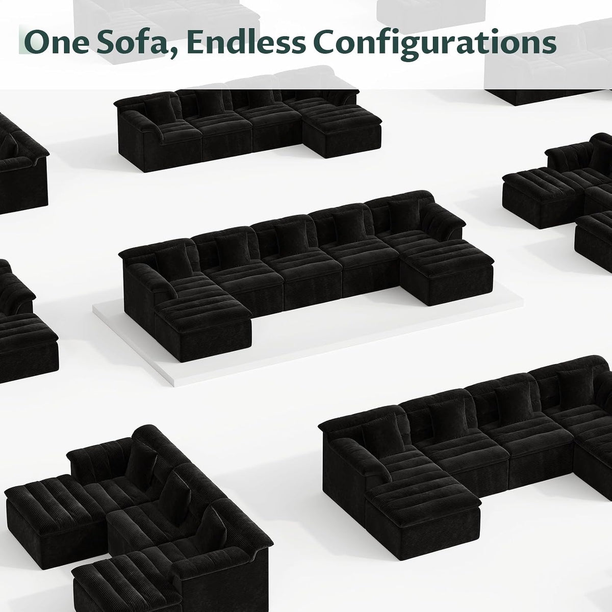 142" Modular Cloud Sectional Couch with Ottoman, Modern Upholstered Compressed Sofa with Deep Seat, Comfy U-Shape Corduroy Couches for Living Room, No Assembly Required, Black