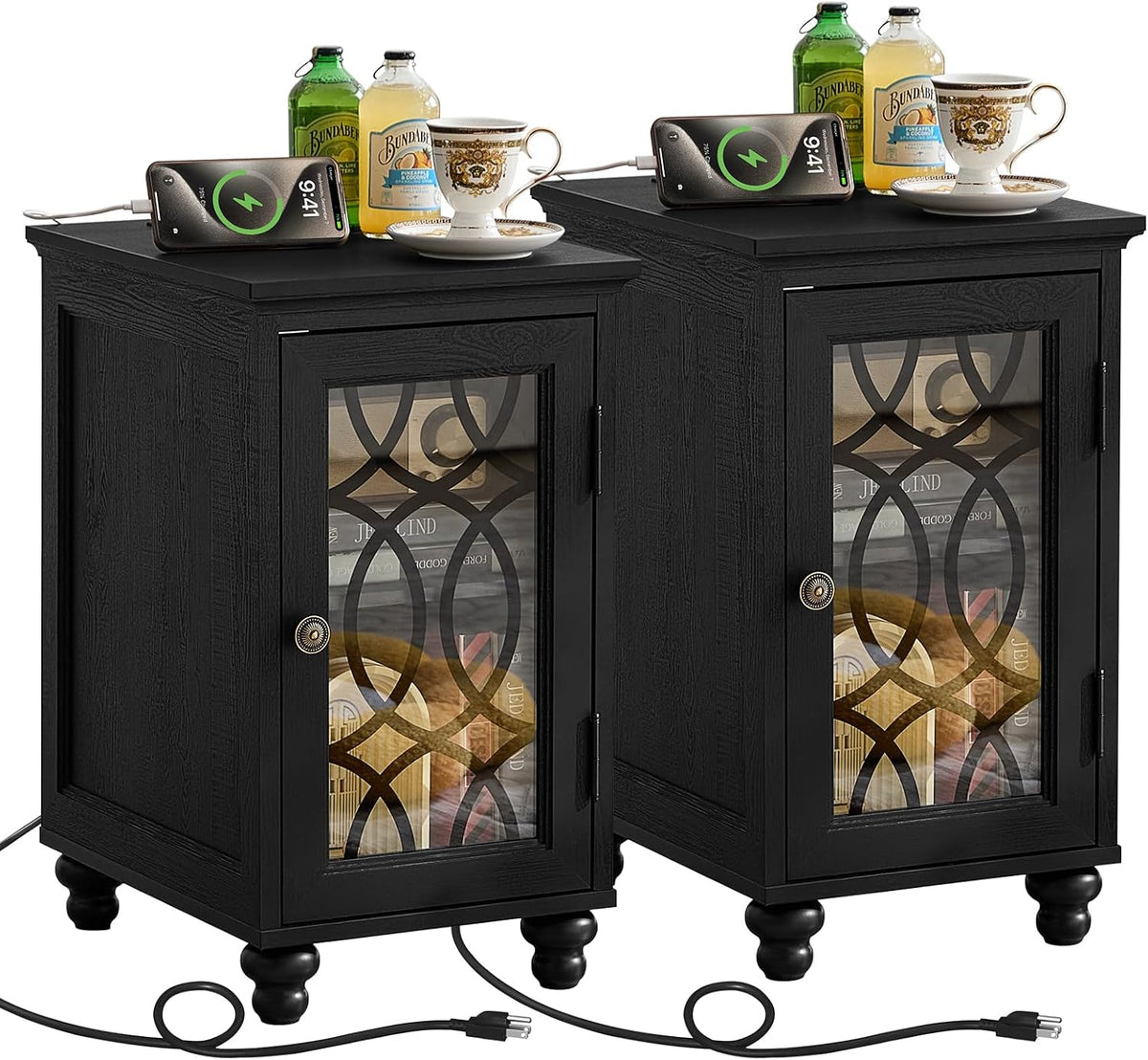 Joaxswe Narrow Side Table with Charging Station Set of 2, Night Stand with Glass Door,Bedside End Tables with Adjustable Shelf Storage Cabinet,Wood Nightstand for Small Spaces Living Room Bedroom