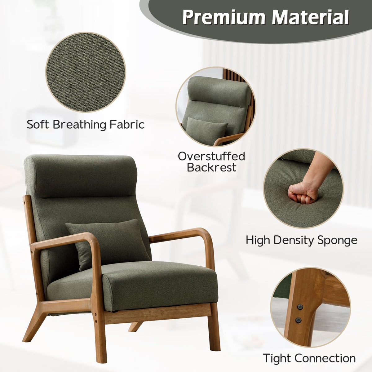 INZOY Mid Century Modern Accent Chair with High Back, Upholstered Living Room Chairs with Waist Cushion, Wood Frame Reading Armchair for Bedroom Sunroom, Green