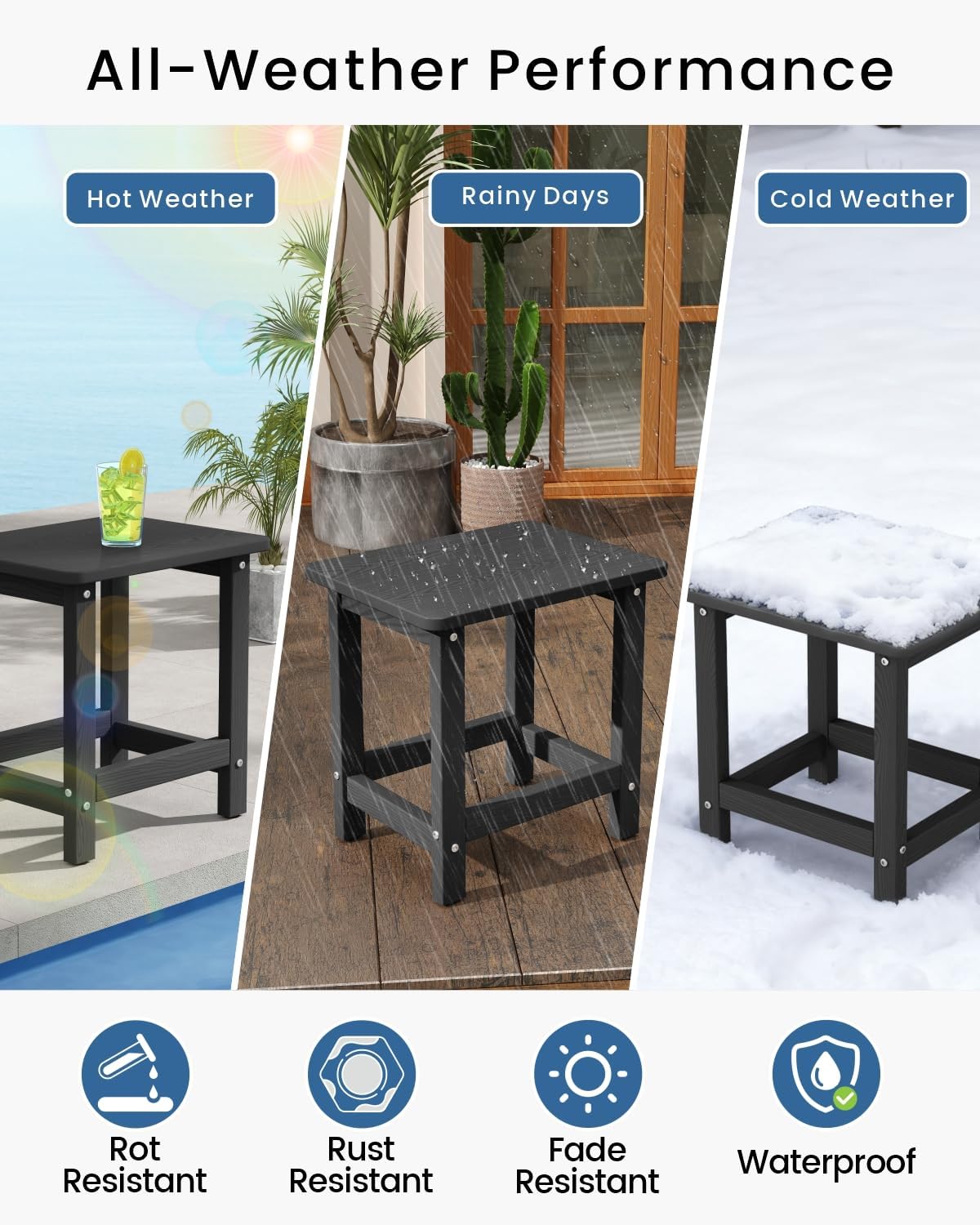 Weatherproof Outdoor Side Table, HDPE Small Outdoor Table for Adirondack, 16.6-Inch Patio Square End Tables for Garden, Backyard, Porch, Deck, Balcony, Poolside (Black)