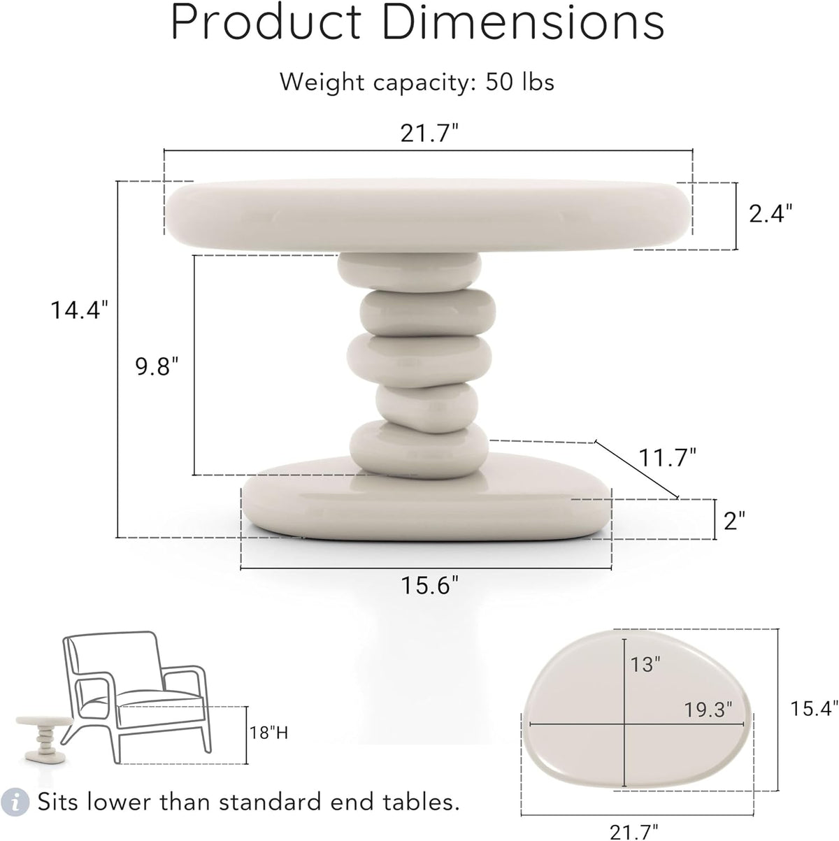 24/7 Shop at Home Kavren Modern 22-inch Oval Glossy Pedestal End Table, Stone Shape Living Room Furniture for Small Space, Ivory