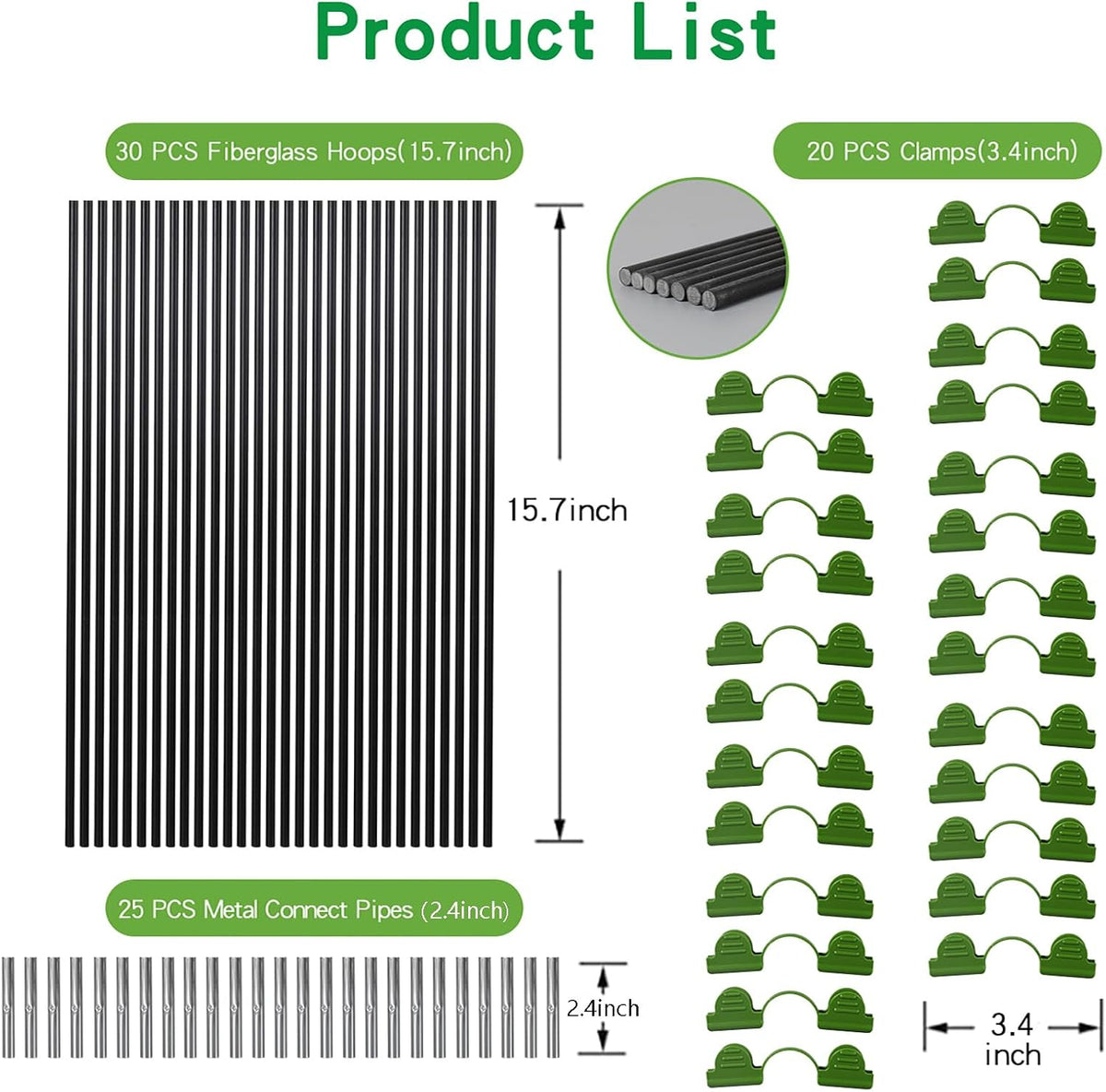 Garden Hoops Grow Tunnel, 6 Sets of 7FT Greenhouse Hoops for Raised Beds, Rust-Proof Fiberglass Frame for Garden Netting, Small Greenhouse Kit, Shade Cloth, Plant Row Covers, 30pcs